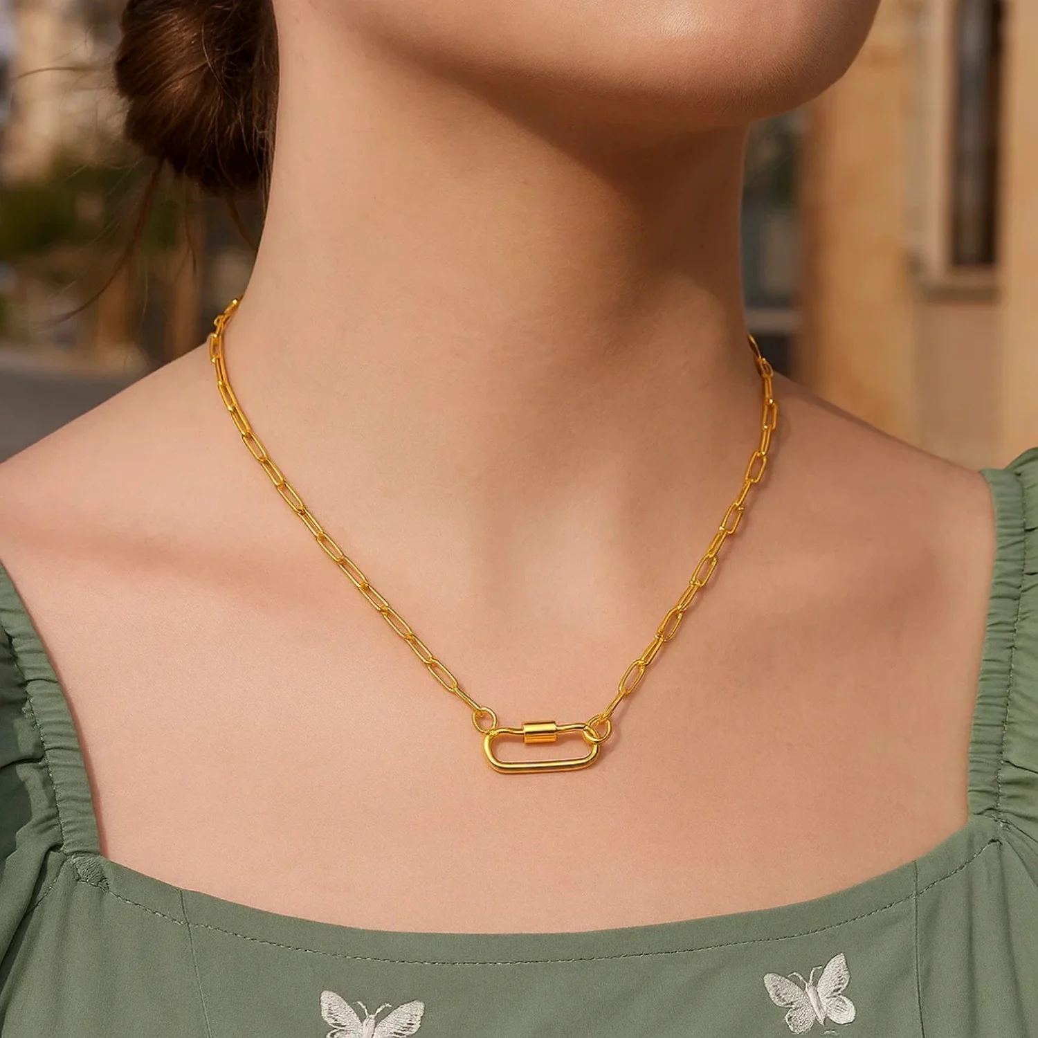 14k Yellow Gold Paperclip Chain Necklace with Oval Carabiner Clasp - Image 4