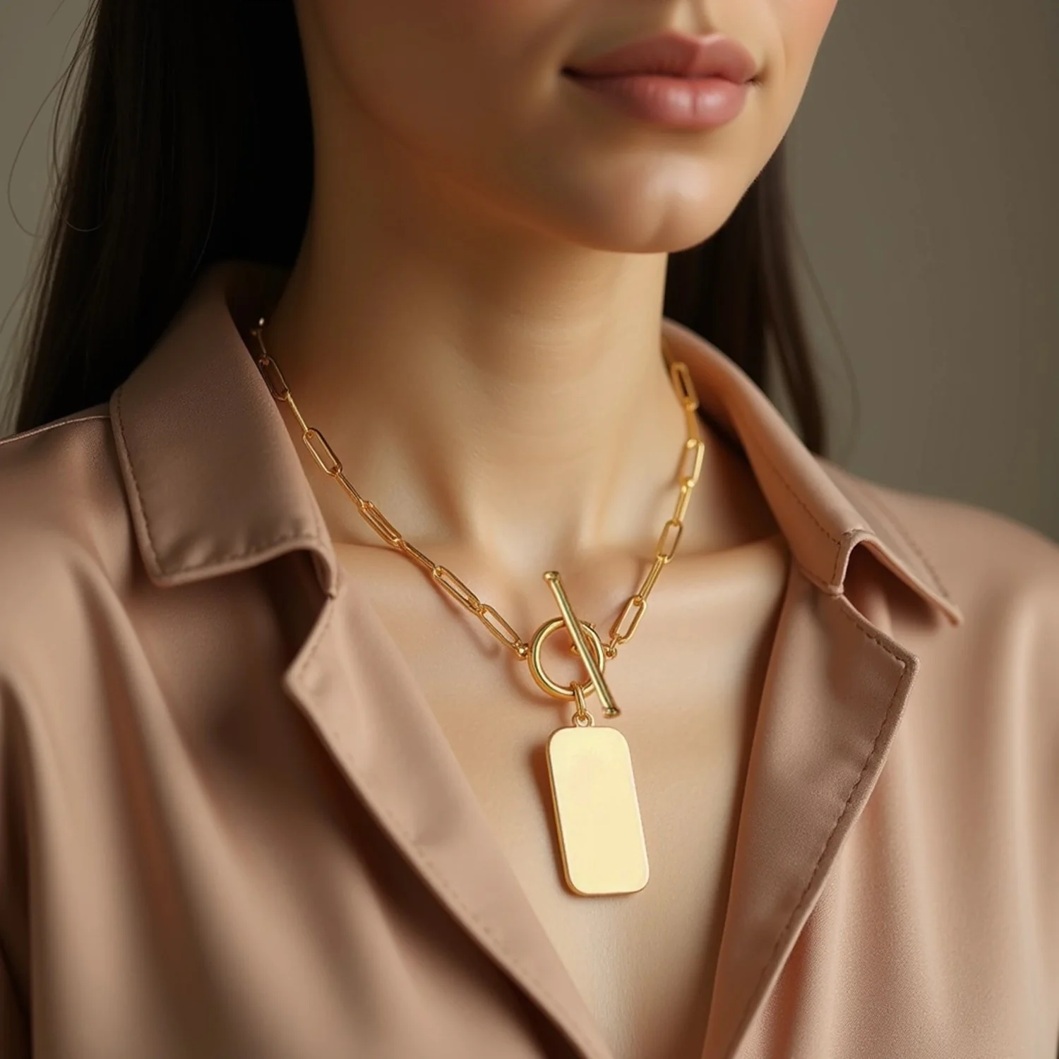 14k Yellow Gold Paperclip Chain Necklace with Rounded Rectangle Pendant - Image 5