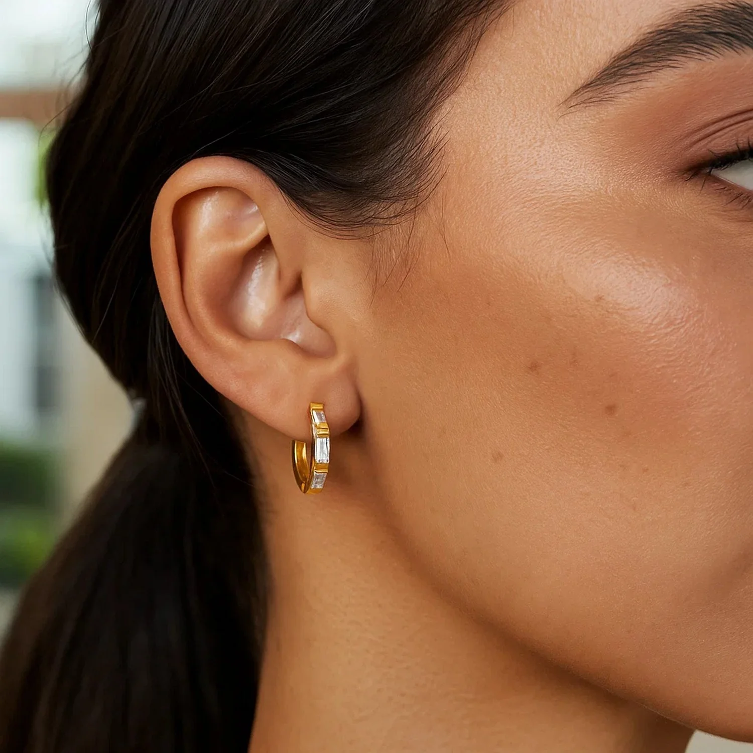 14k Yellow Gold Petite Octagonal Hoop Earrings with Cubic Zirconias - Image 3