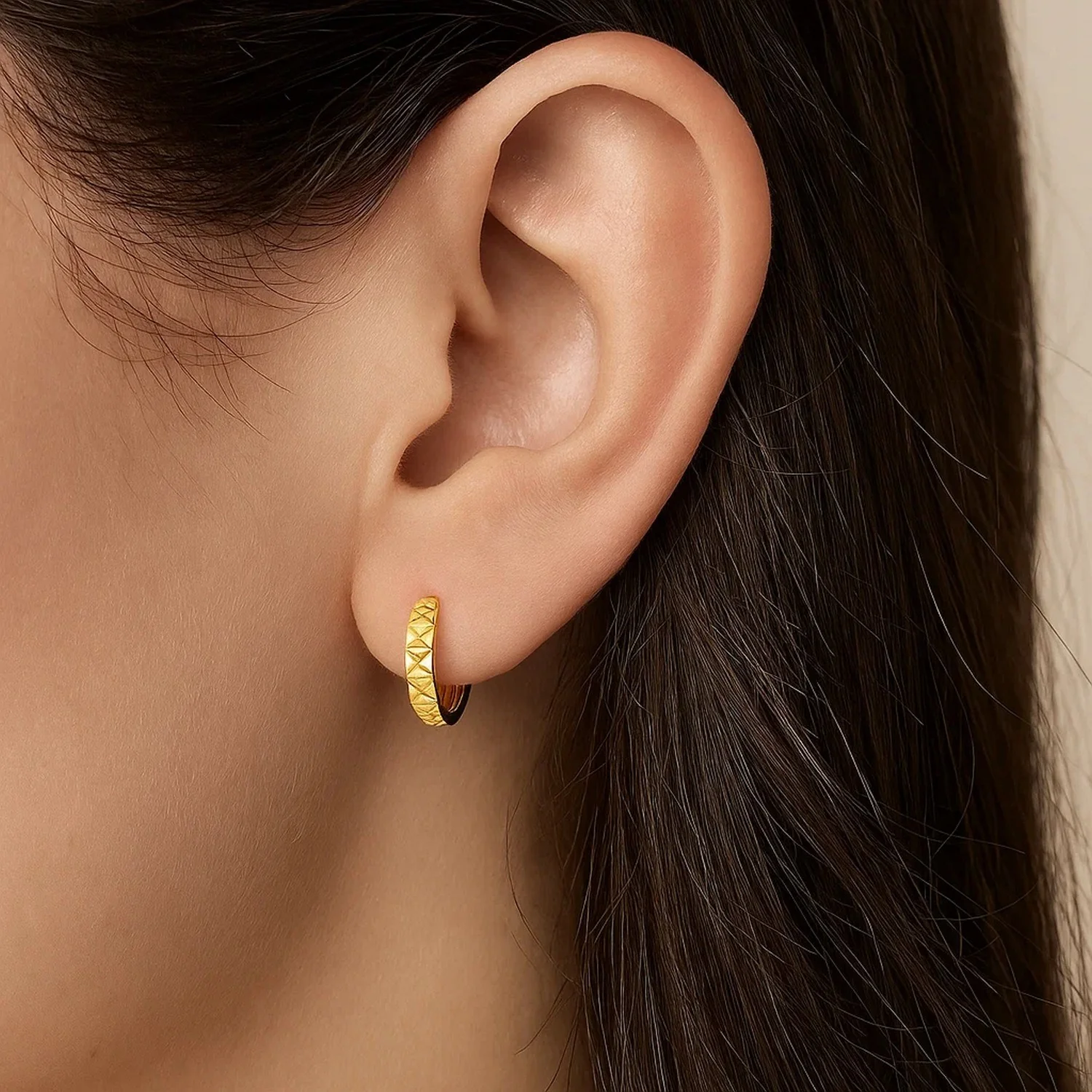 14k Yellow Gold Petite Round Hoop Earrings with Geometric Texture - Image 2