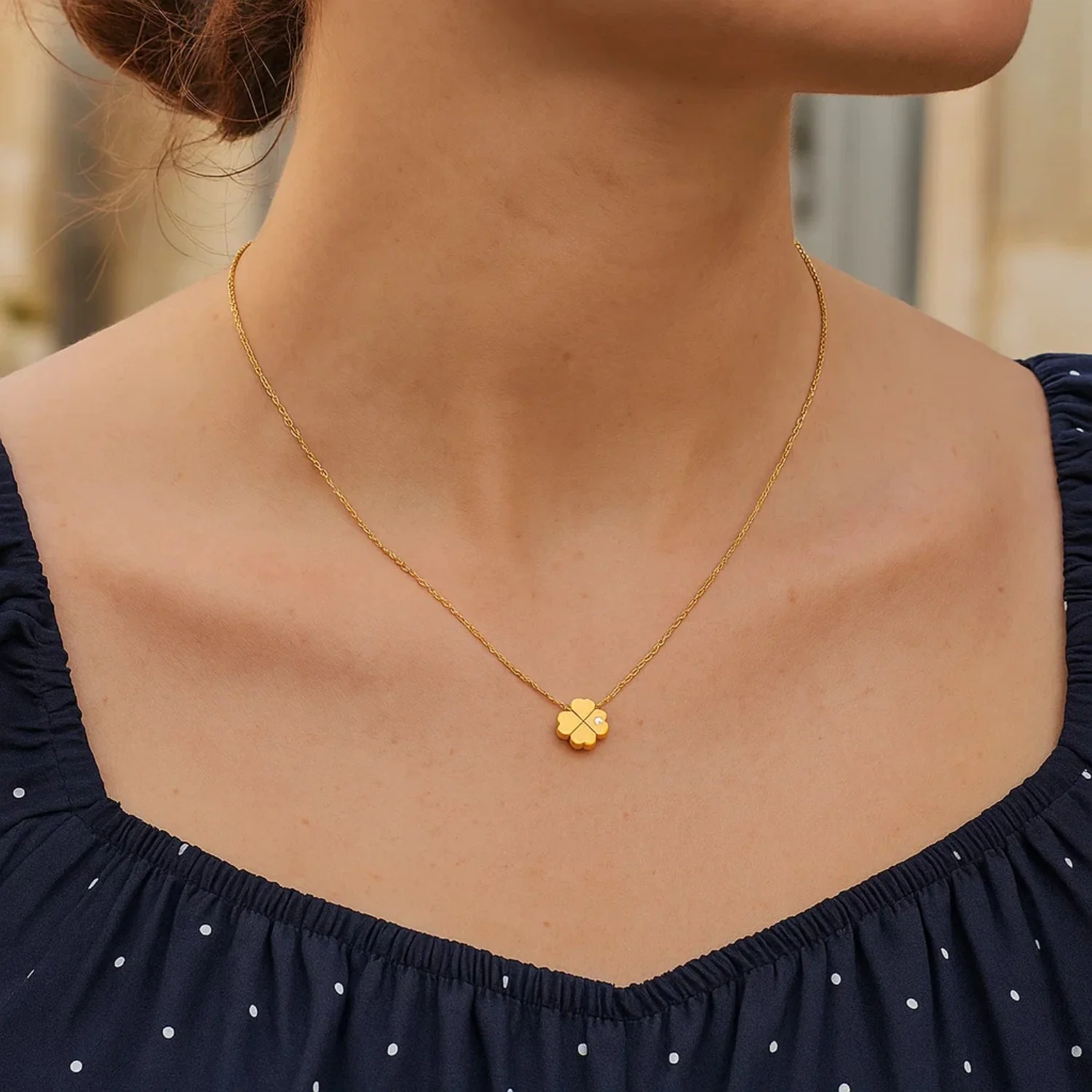 14k Yellow Gold Polished Four Leaf Clover Necklace with Diamond - Image 7