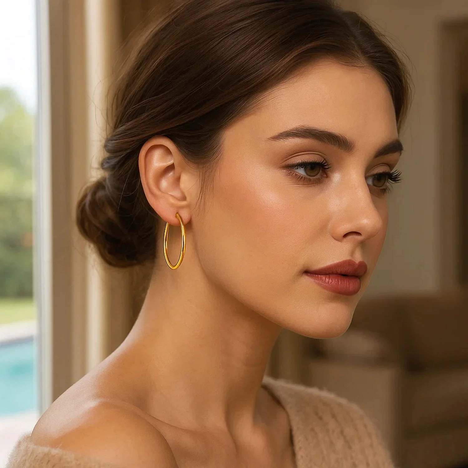 14k Yellow Gold Polished Hoop Earrings (25 mm) - Image 3