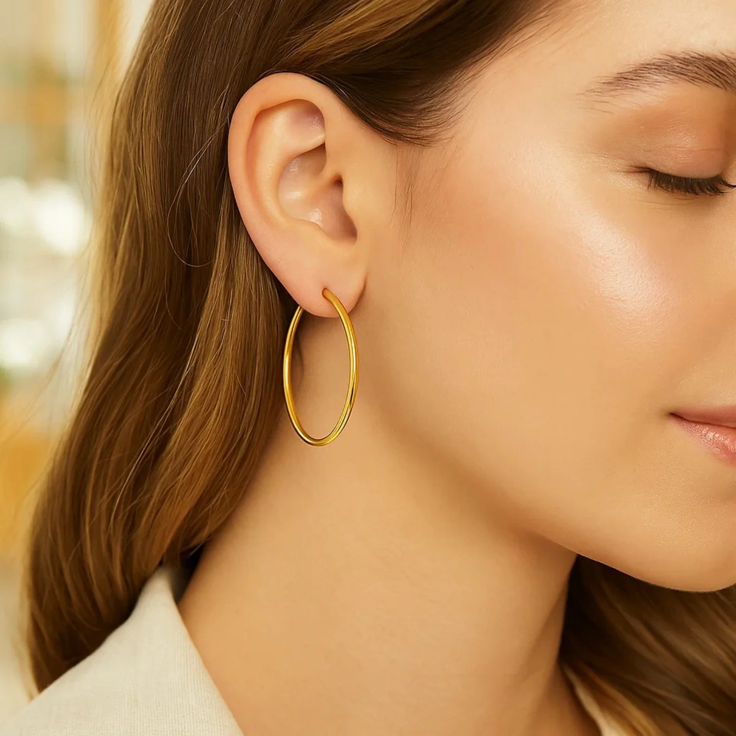 14k Yellow Gold Polished Hoop Earrings (30 mm) - Image 2