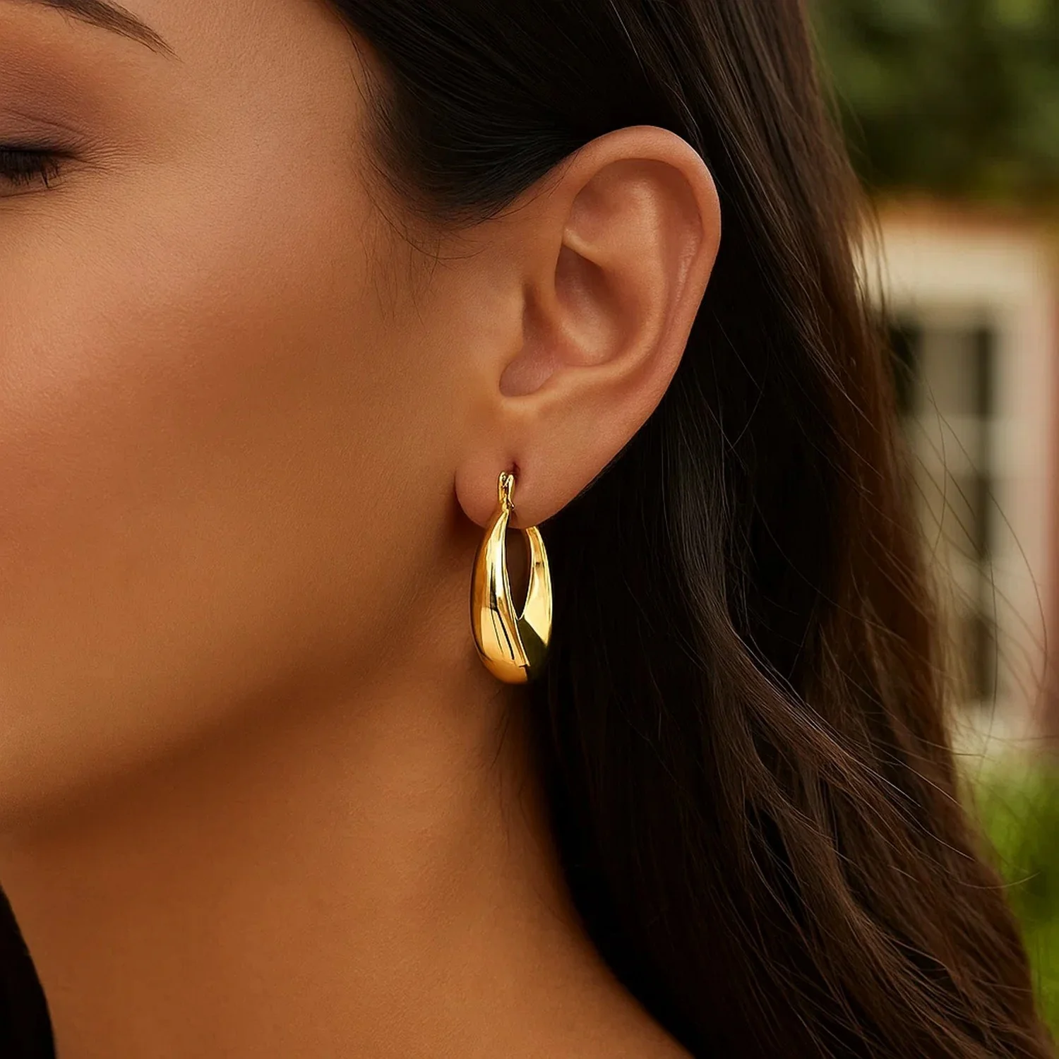 14k Yellow Gold Polished Puffed Hoop Earrings - Image 3