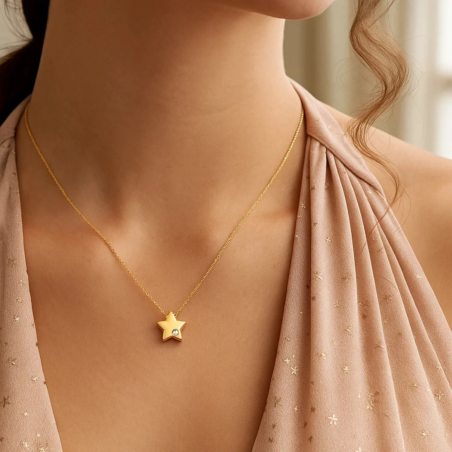 14k Yellow Gold Polished Star Necklace with Diamond - Image 2