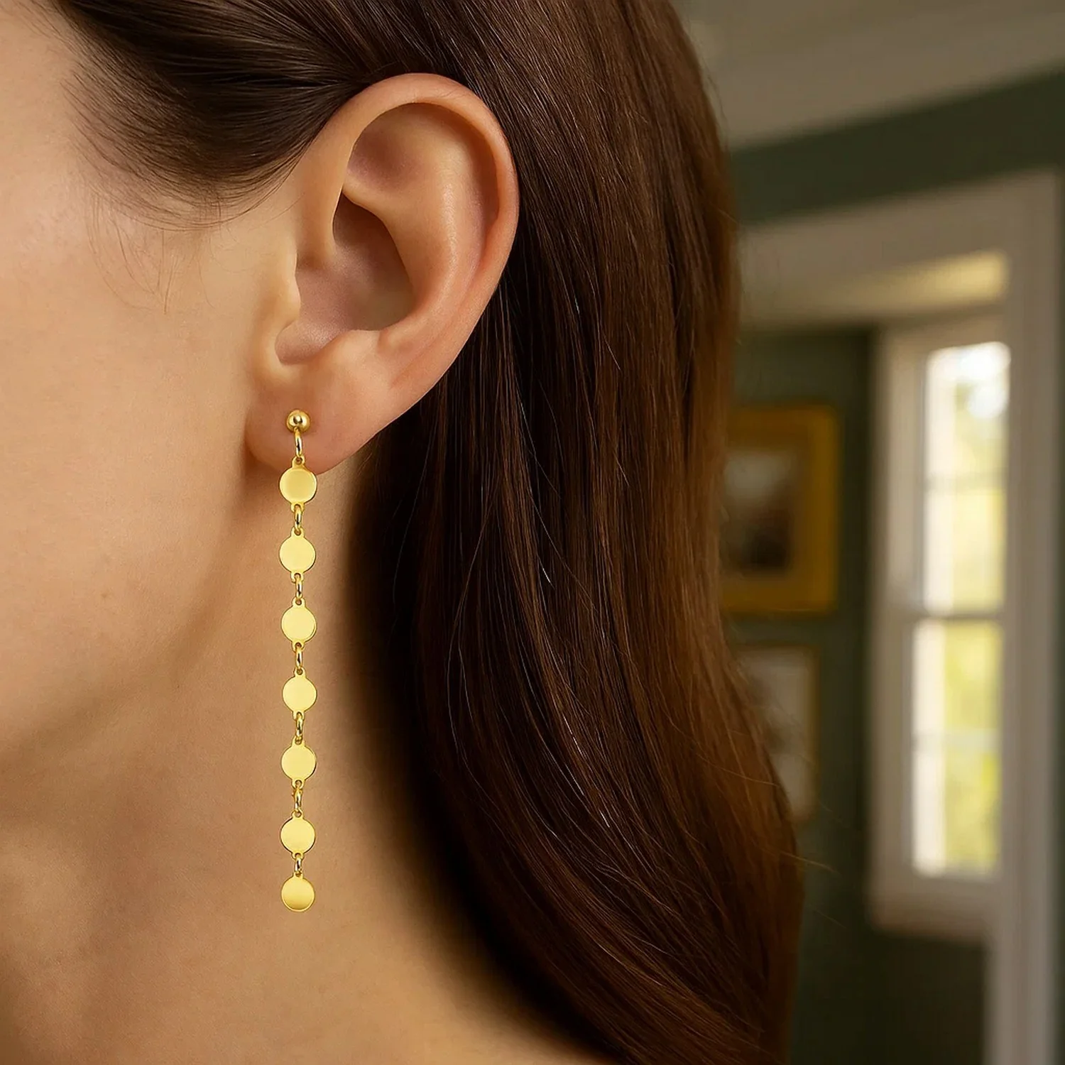 14k Yellow Gold Post Dangle Earrings with Polished Circles - Image 3