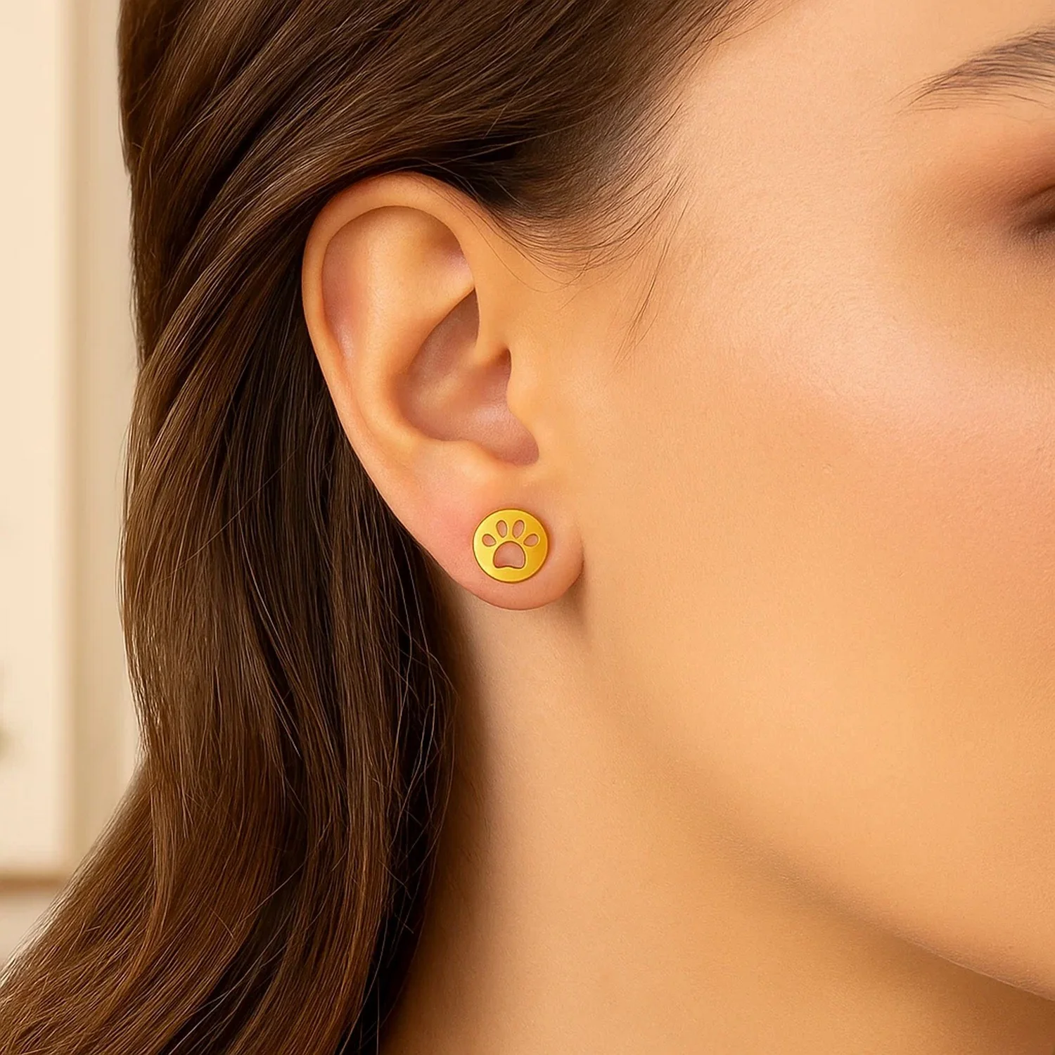 14k Yellow Gold Post Earrings with Paw Prints - Image 2