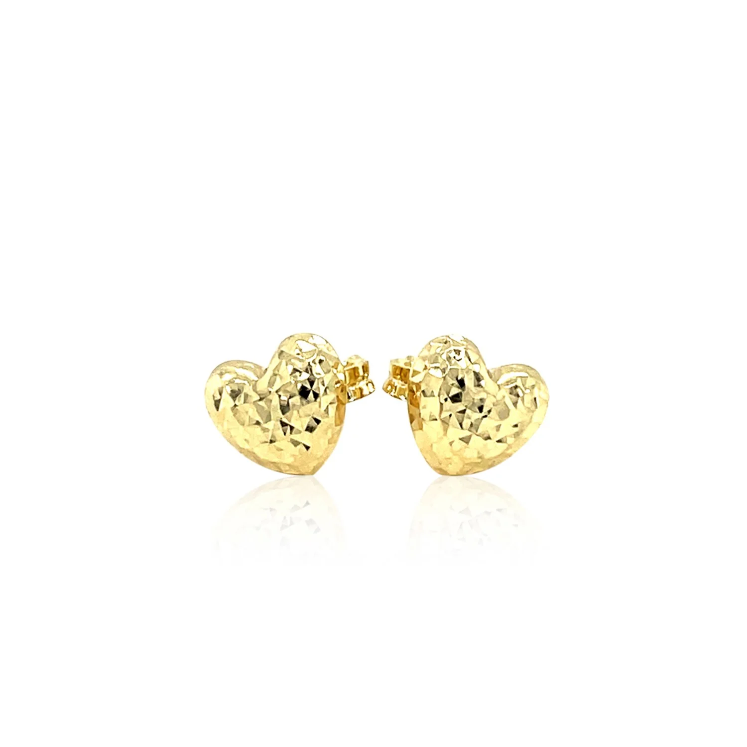 14k Yellow Gold Puffed Heart Earrings with Diamond Cuts - Image 2