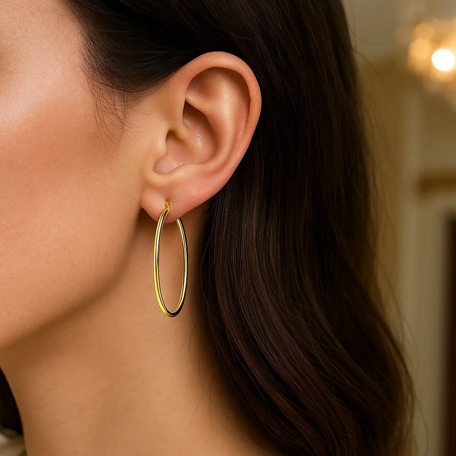 14k Yellow Gold Slim Oval Shape Hoop Earrings - Image 3