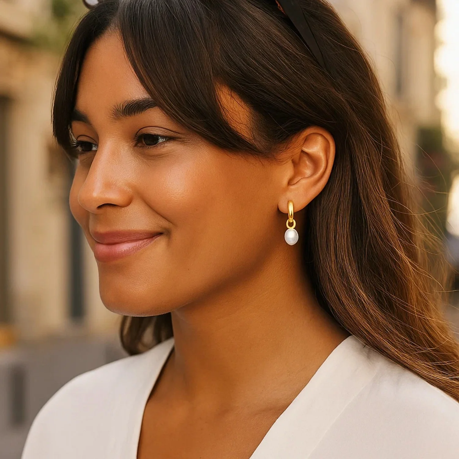 14k Yellow Gold Small Hoop Earrings with Pearls - Image 5