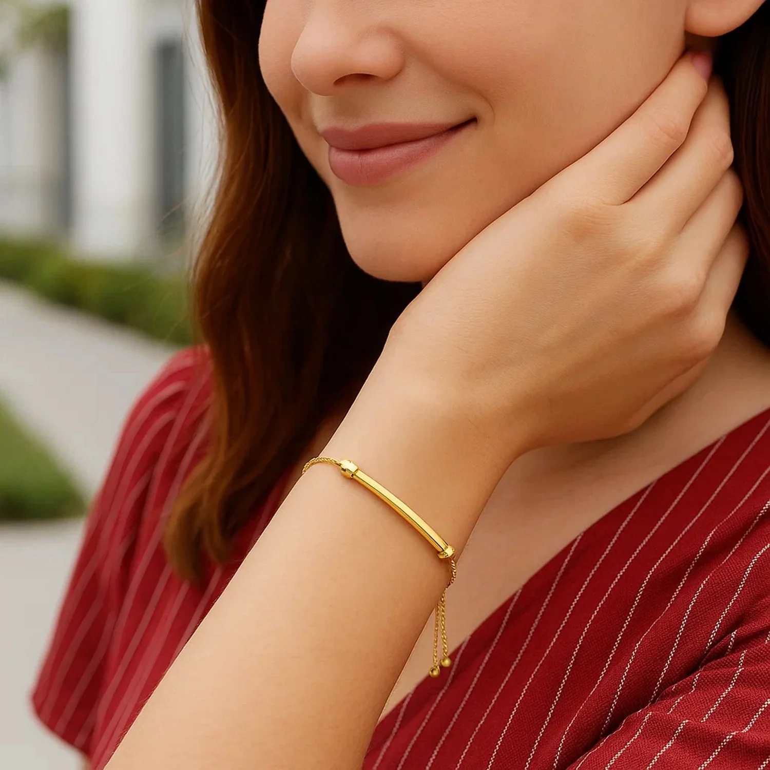 14k Yellow Gold Smooth Curved Bar and Lariat Style Bracelet - Image 5