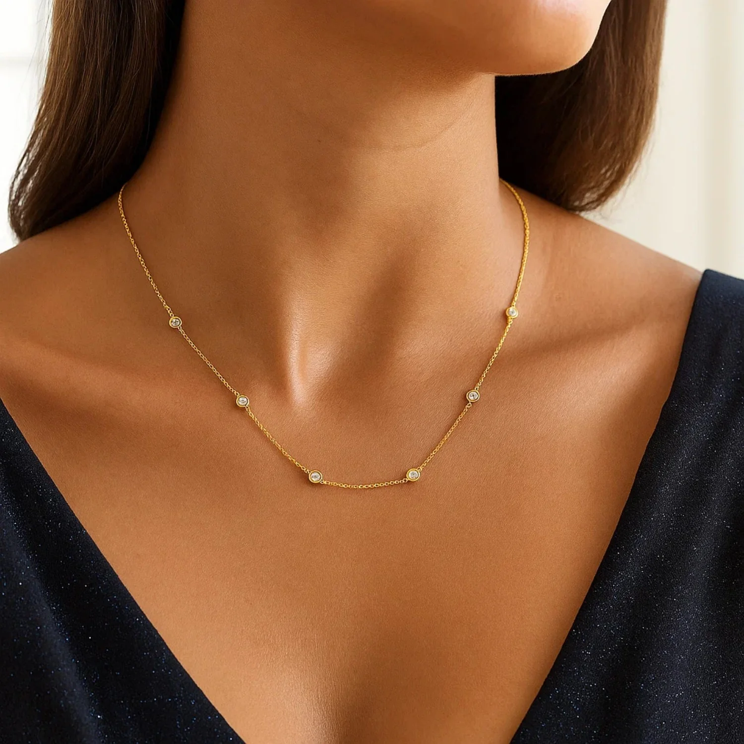 14k Yellow Gold Station Necklace with Round Diamonds - Image 21