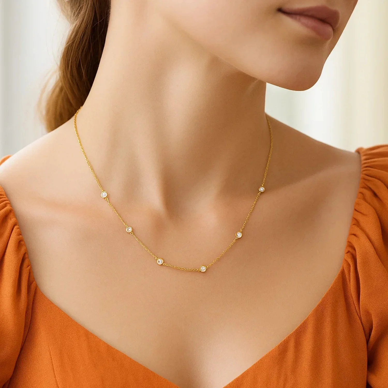 14k Yellow Gold Station Necklace with Round Diamonds - Image 5