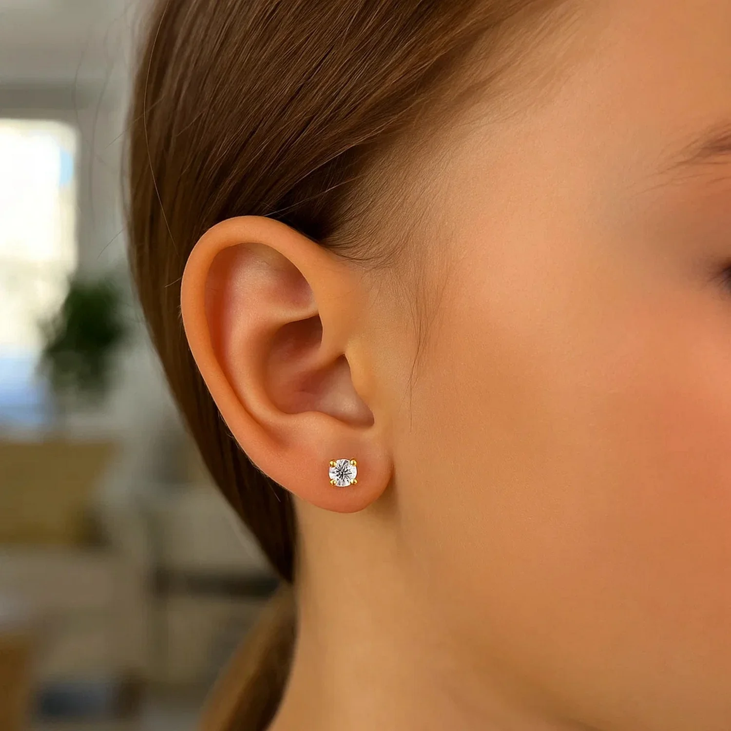 14k Yellow Gold Stud Earrings with Faceted White Cubic Zirconia - Image 2