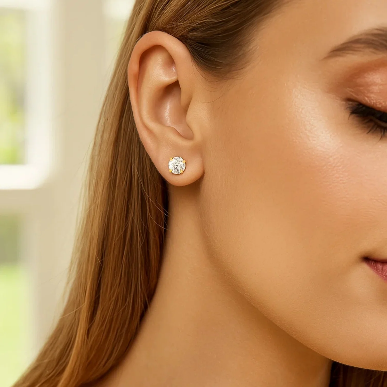 14k Yellow Gold Stud Earrings with White Hue Faceted Cubic Zirconia - Image 4