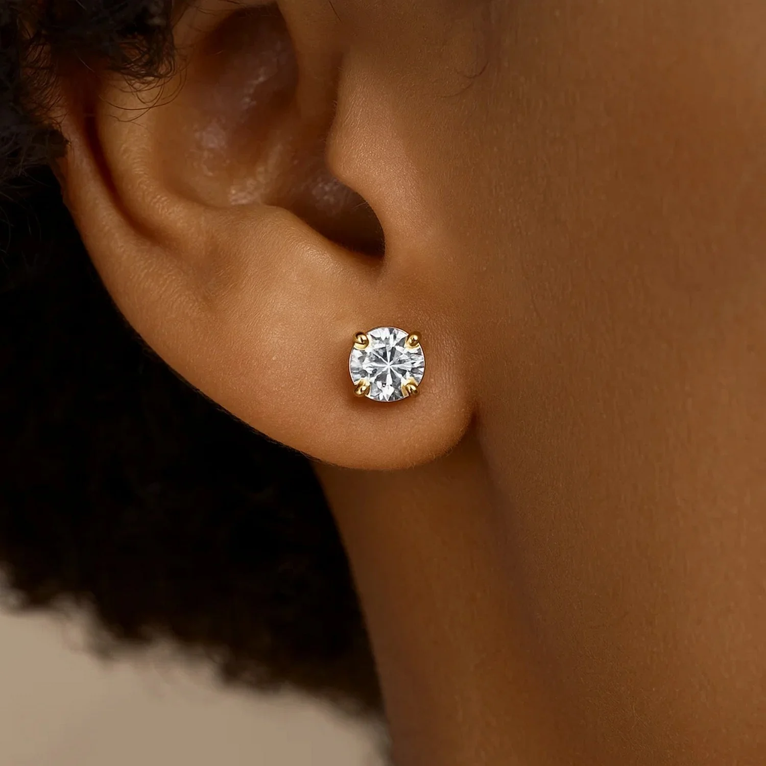 14k Yellow Gold Stud Earrings with White Hue Faceted Cubic Zirconia - Image 4