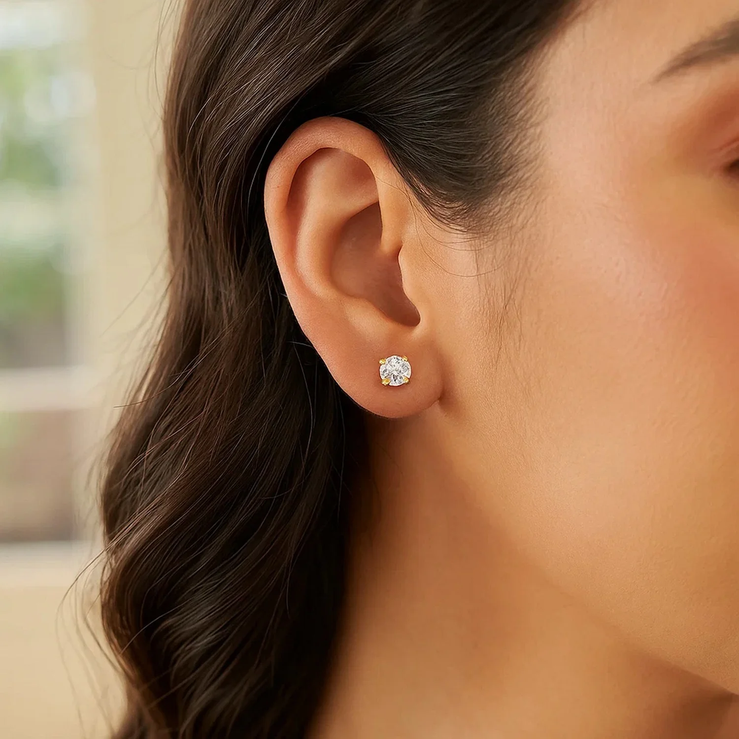 14k Yellow Gold Stud Earrings with White Hue Faceted Cubic Zirconia - Image 2