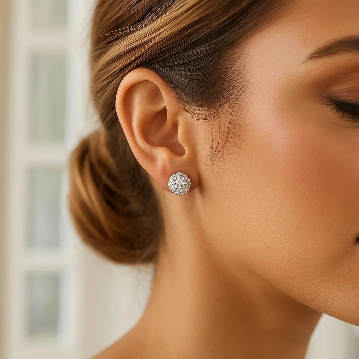 14k Yellow Gold Stud White Crystal Ball Earrings - Image 3