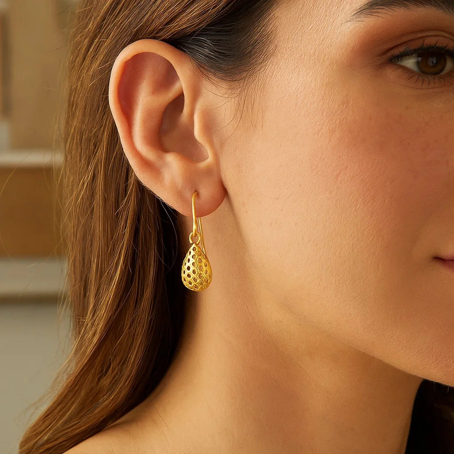 14k Yellow Gold Teardrop Drop Earrings with Honeycomb Texture - Image 5