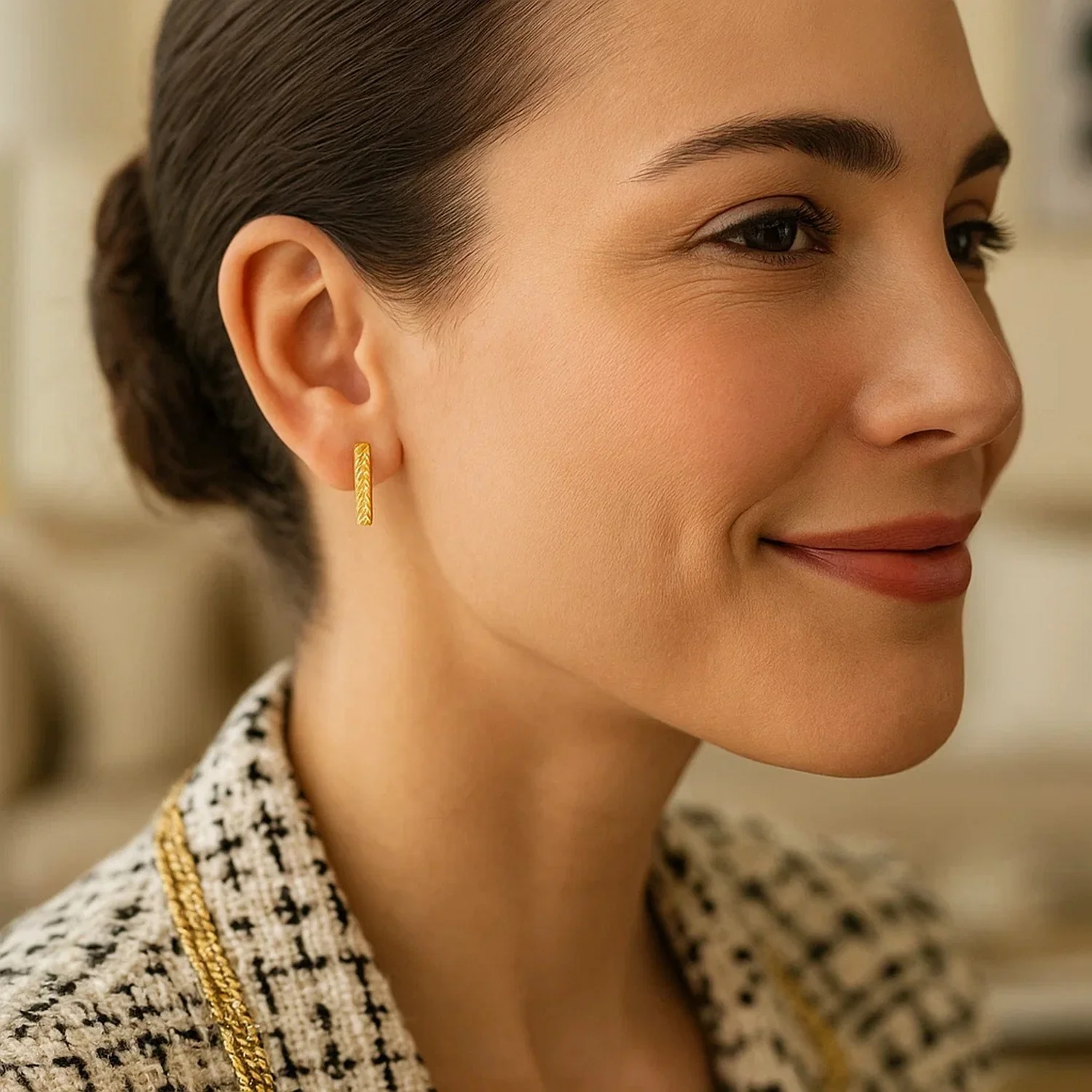 14k Yellow Gold Textured Bar Earrings - Image 2