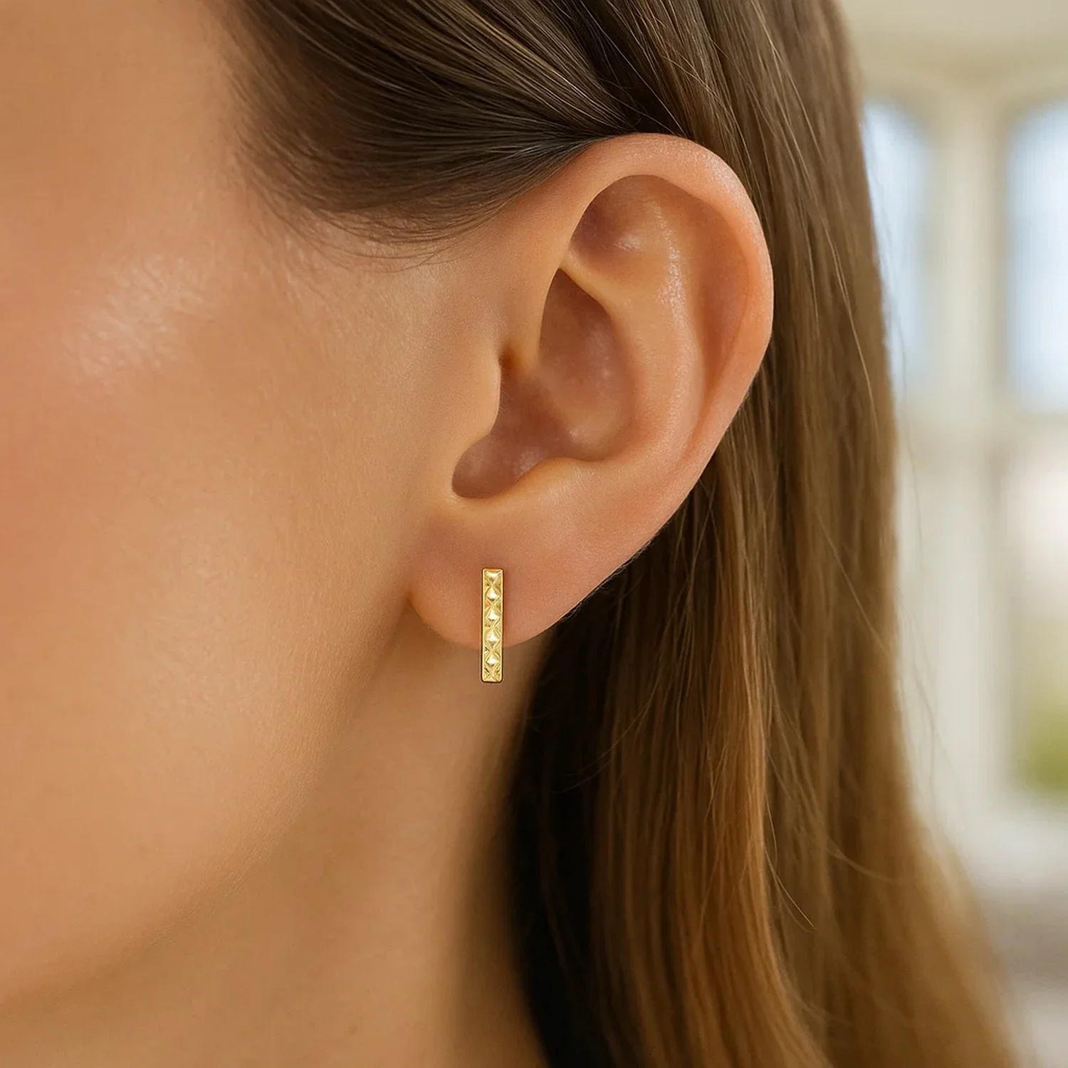 14k Yellow Gold Textured Bar Earrings - Image 3