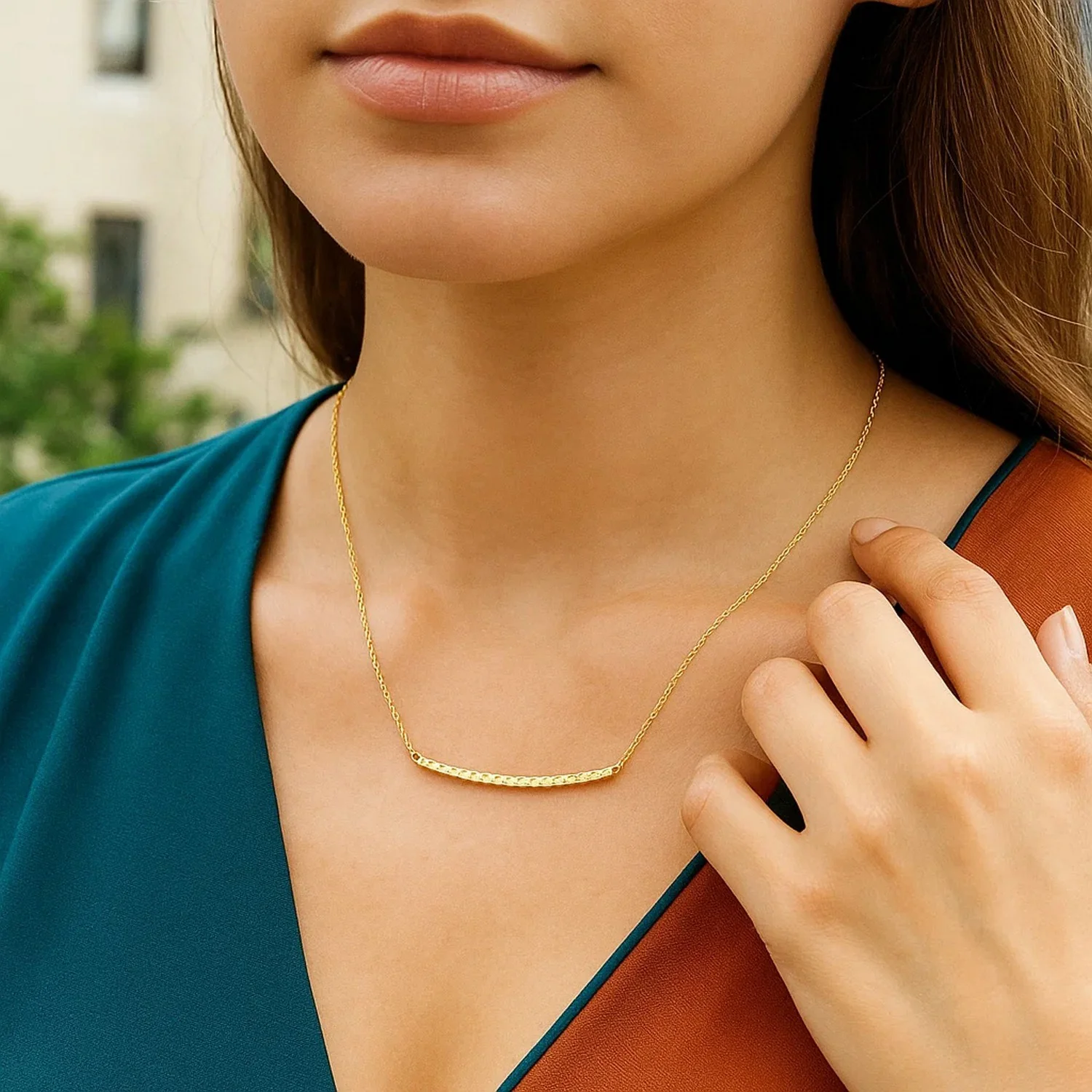 14k Yellow Gold Thin Textured Bar Necklace - Image 11