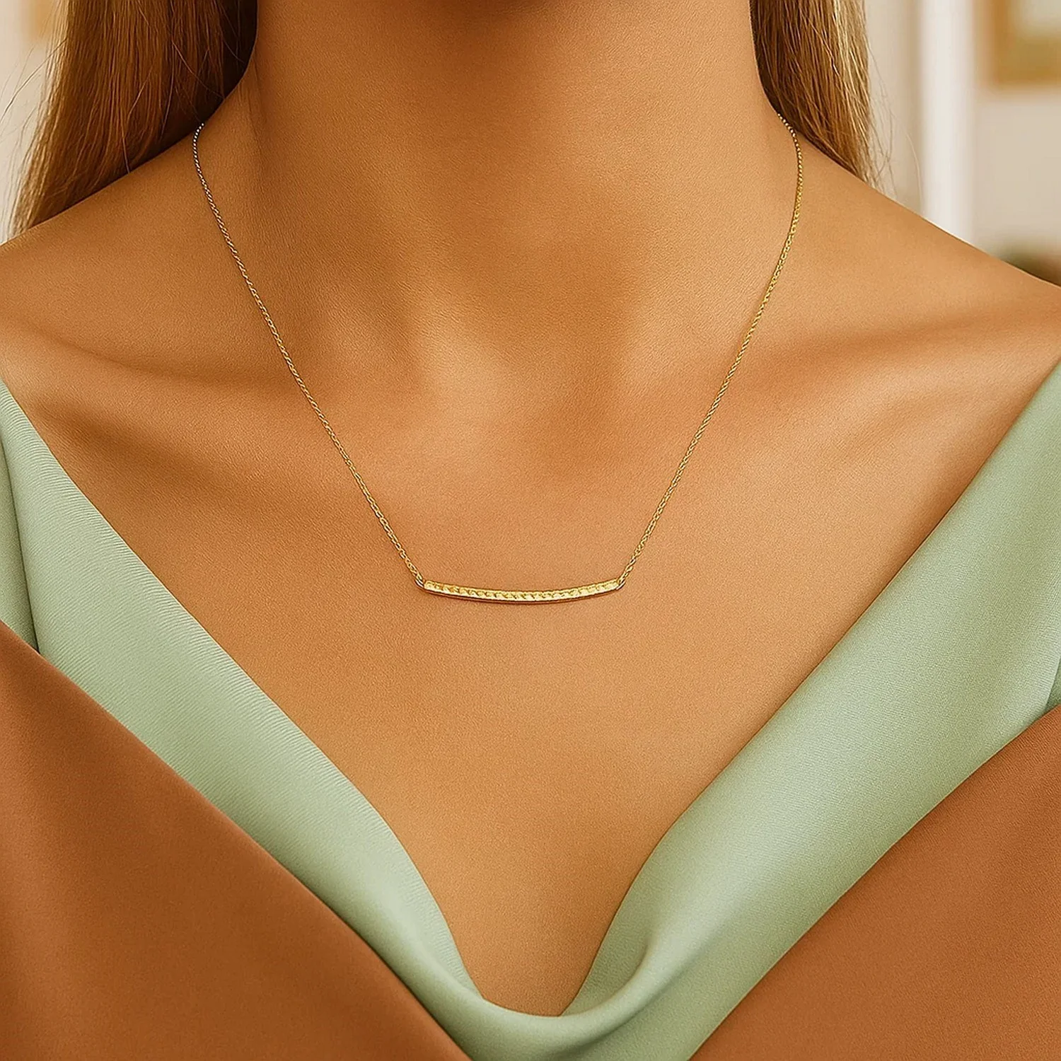 14k Yellow Gold Thin Textured Bar Necklace - Image 18
