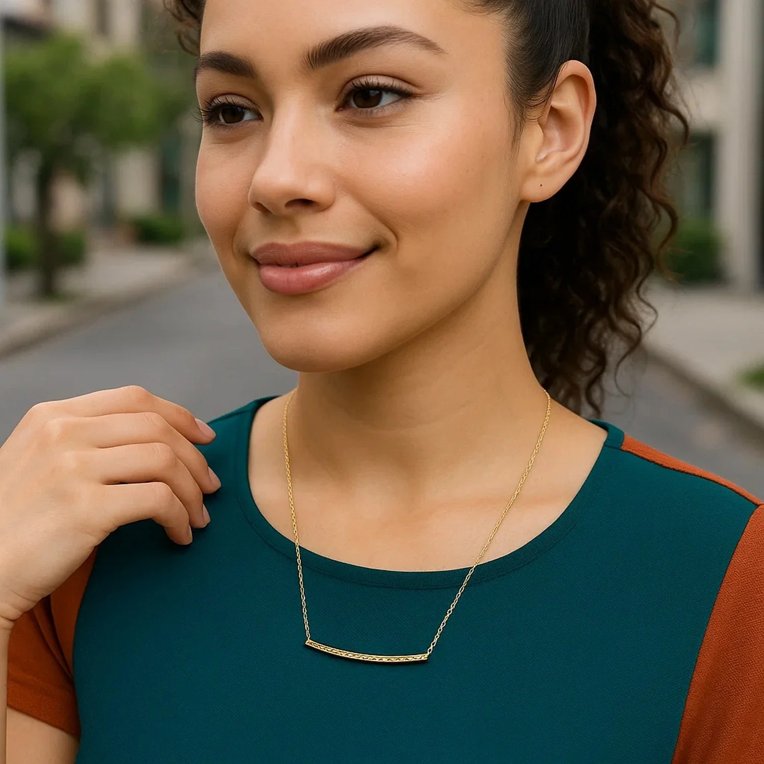 14k Yellow Gold Thin Textured Bar Necklace - Image 20