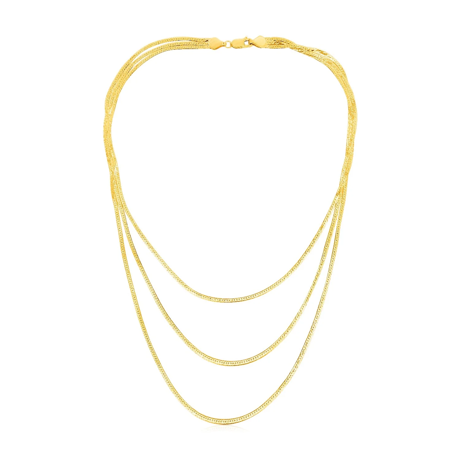 14k Yellow Gold Three Strand Herringbone Chain Necklace - Image 5