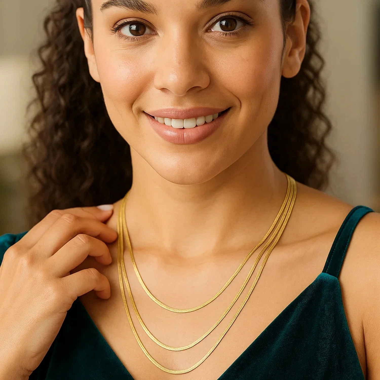 14k Yellow Gold Three Strand Herringbone Chain Necklace - Image 6