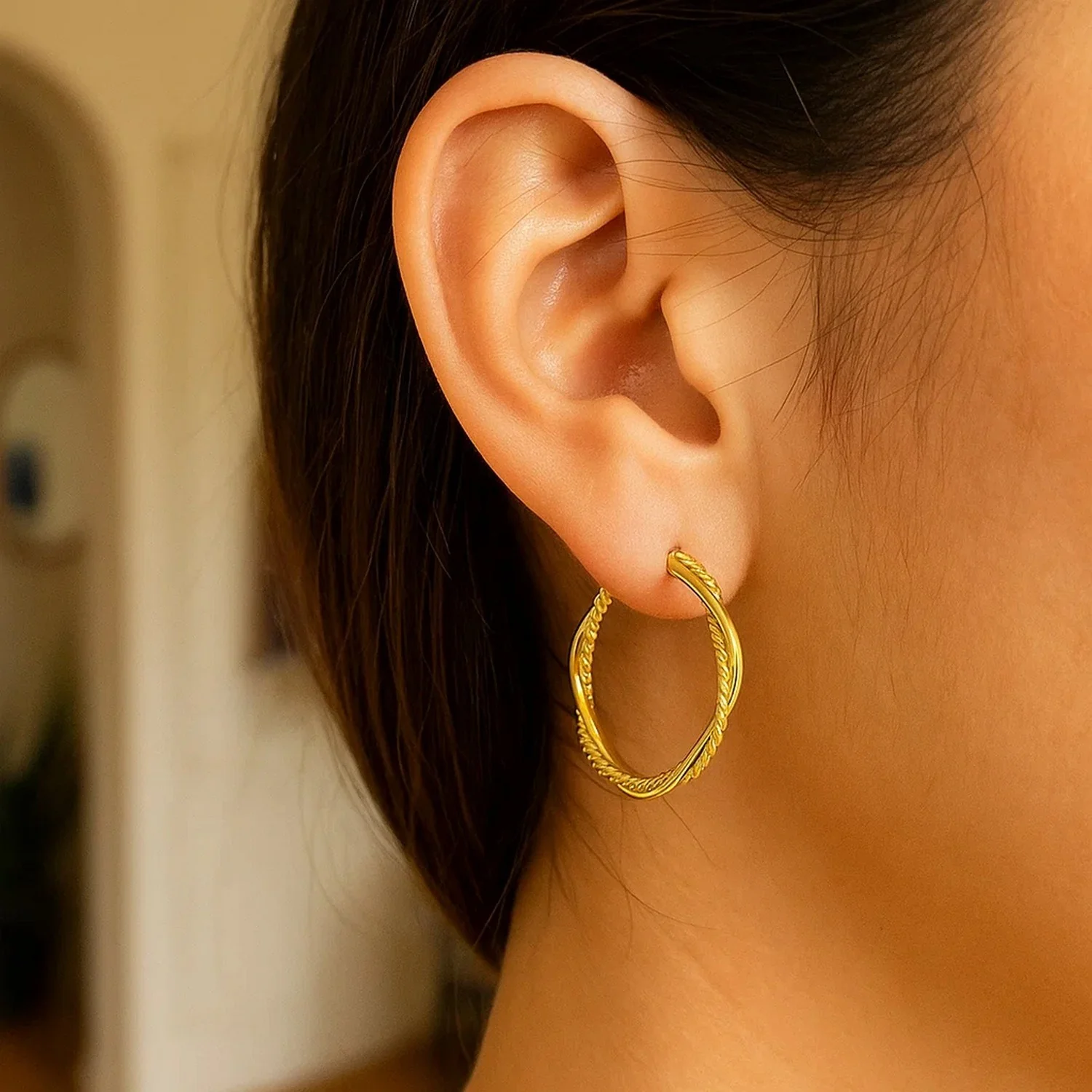 14k Yellow Gold Two Part Textured Twisted Round Hoop Earrings - Image 2
