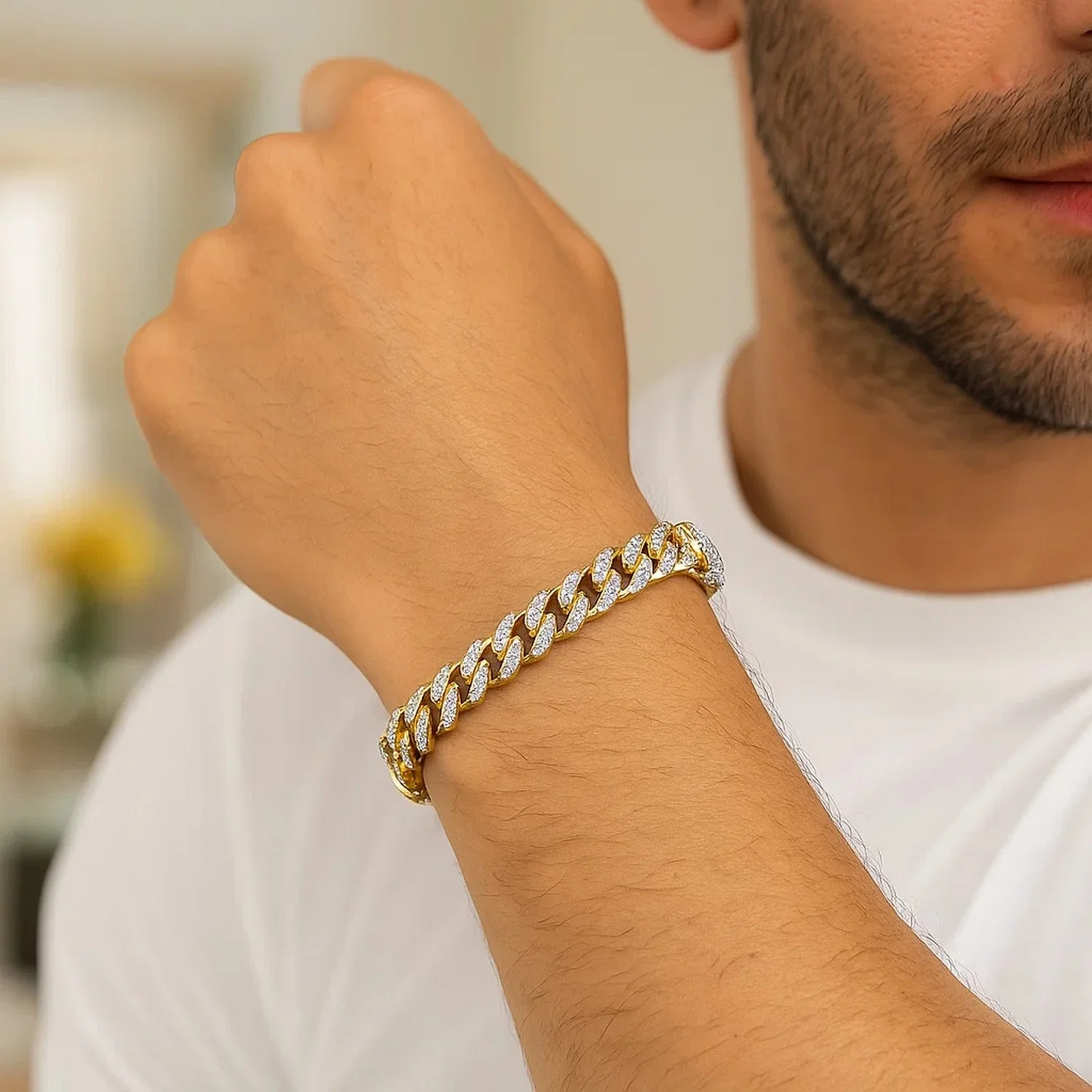 14k Yellow Gold White Pave High Polish Modern Lite Miami Cuban Bracelet (6.5mm) - Image 3