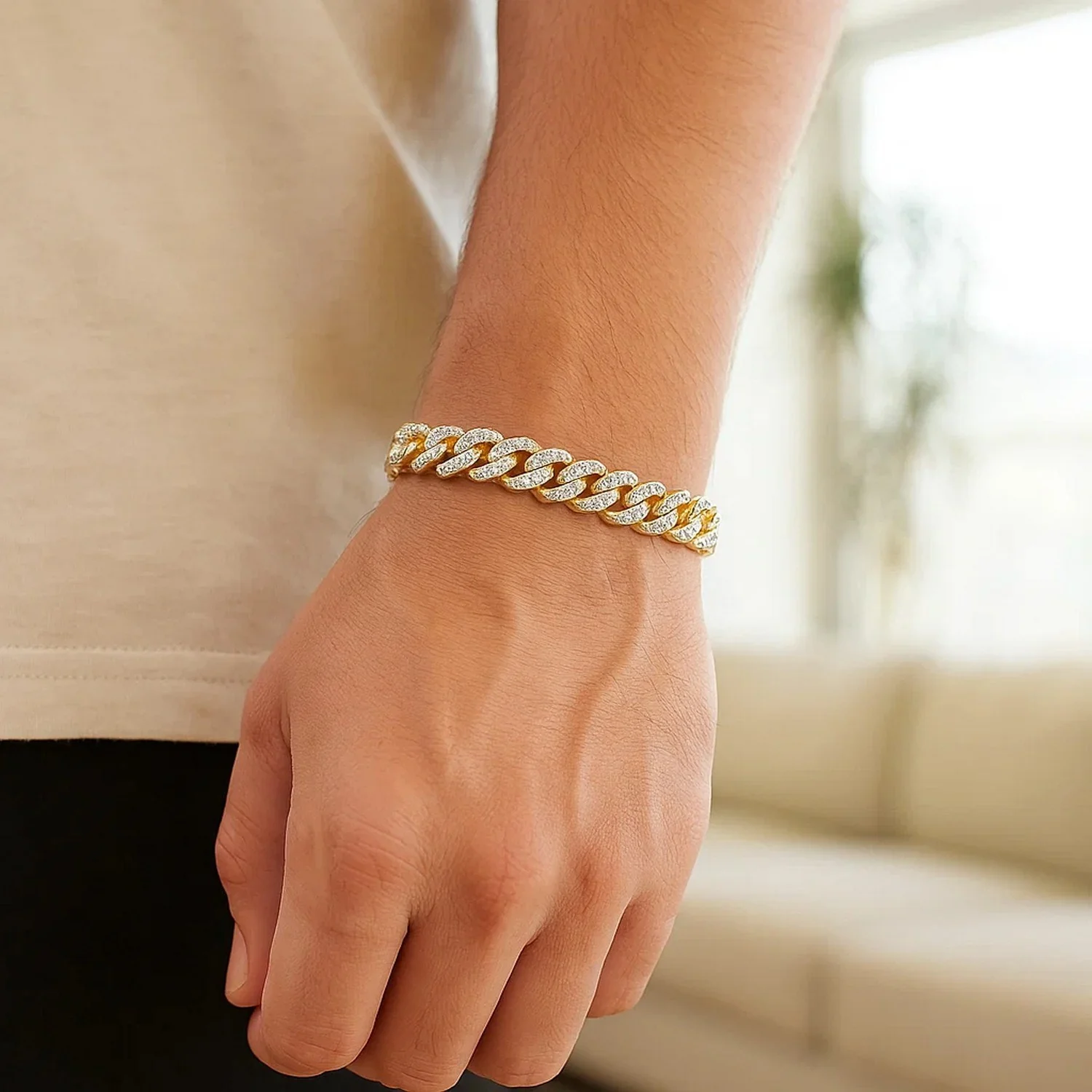 14k Yellow Gold White Pave High Polish Modern Lite Miami Cuban Bracelet (6.5mm) - Image 5