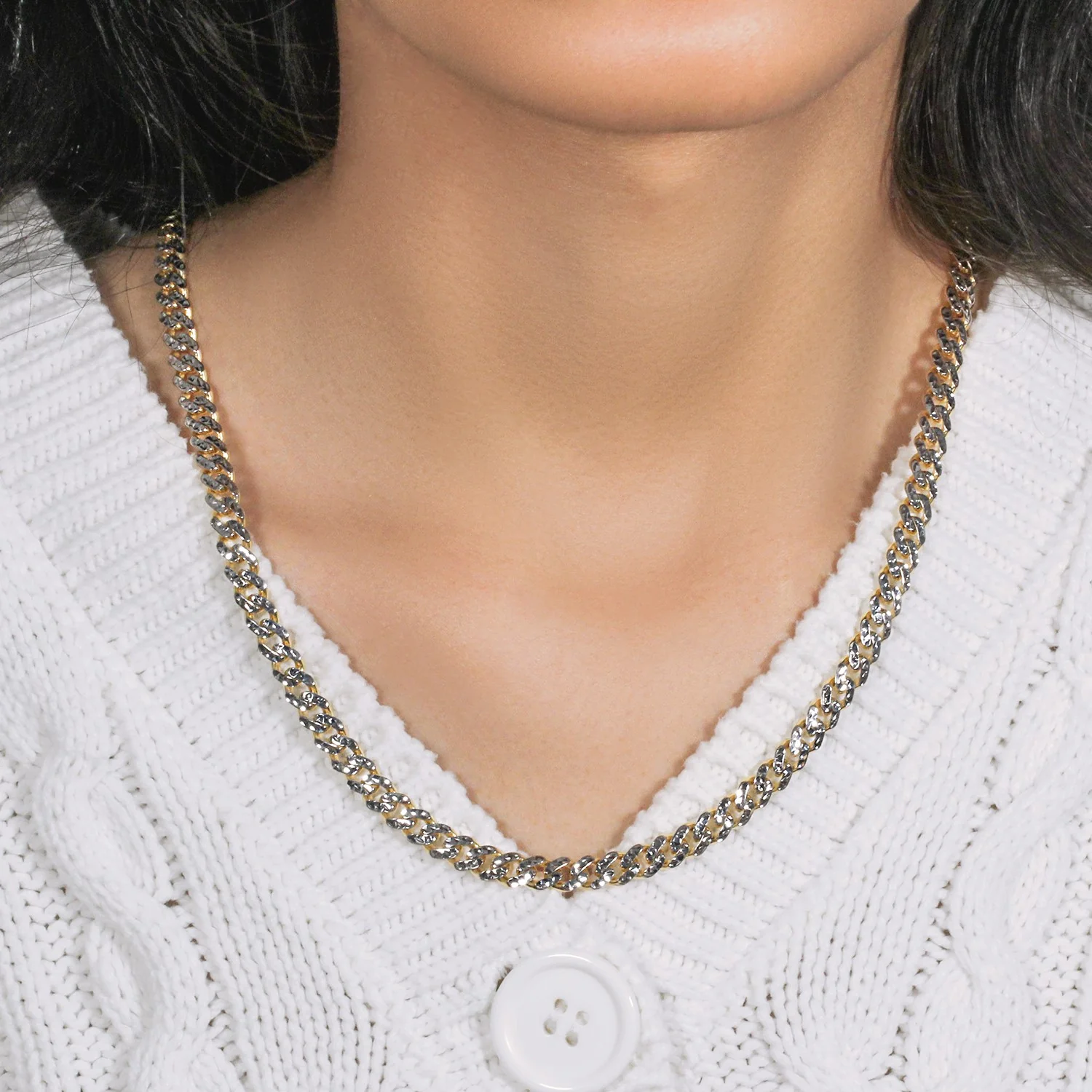 14k Yellow Gold White Pave High Polish Modern Lite Miami Cuban Chain (6.5mm) - Image 6