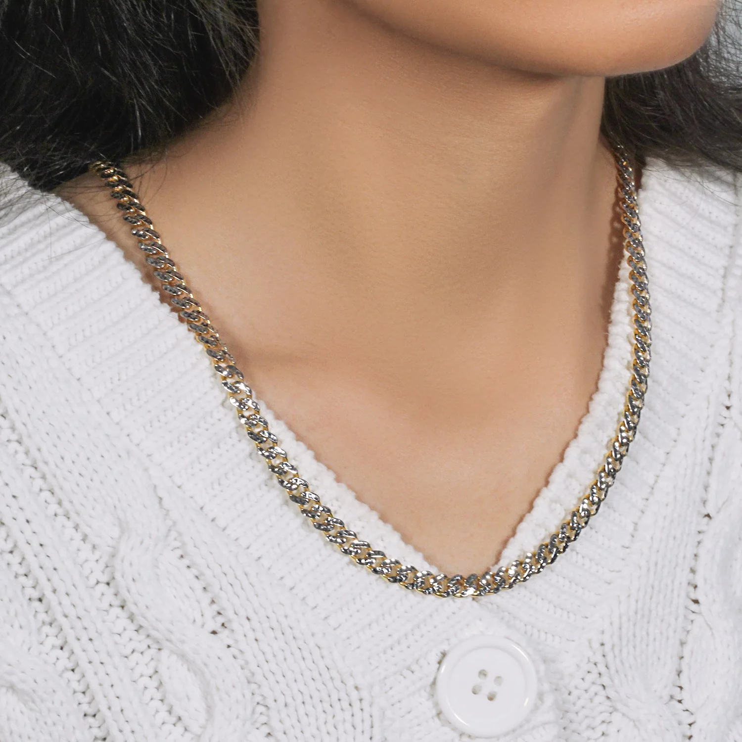 14k Yellow Gold White Pave High Polish Modern Lite Miami Cuban Chain (6.5mm) - Image 7