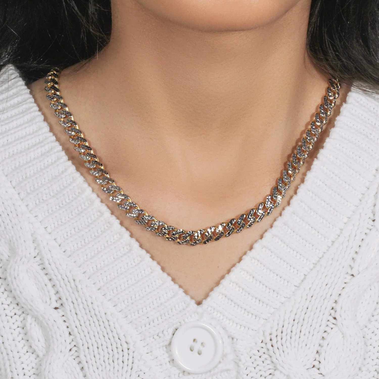 14k Yellow Gold White Pave High Polish Modern Lite Miami Cuban Chain (8.0mm) - Image 7