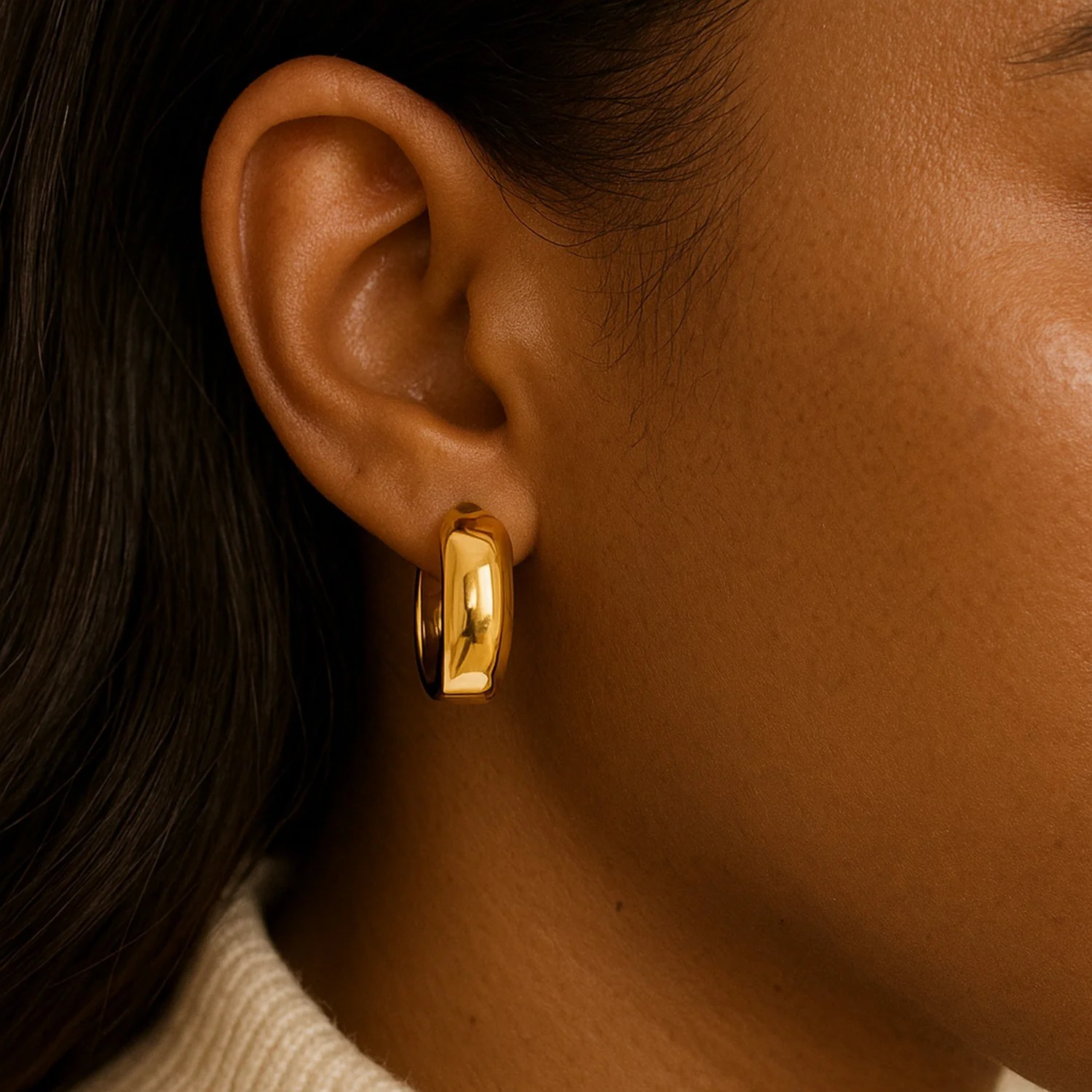 14k Yellow Gold Wide Medium Hoop Earrings with Snap Lock - Image 7