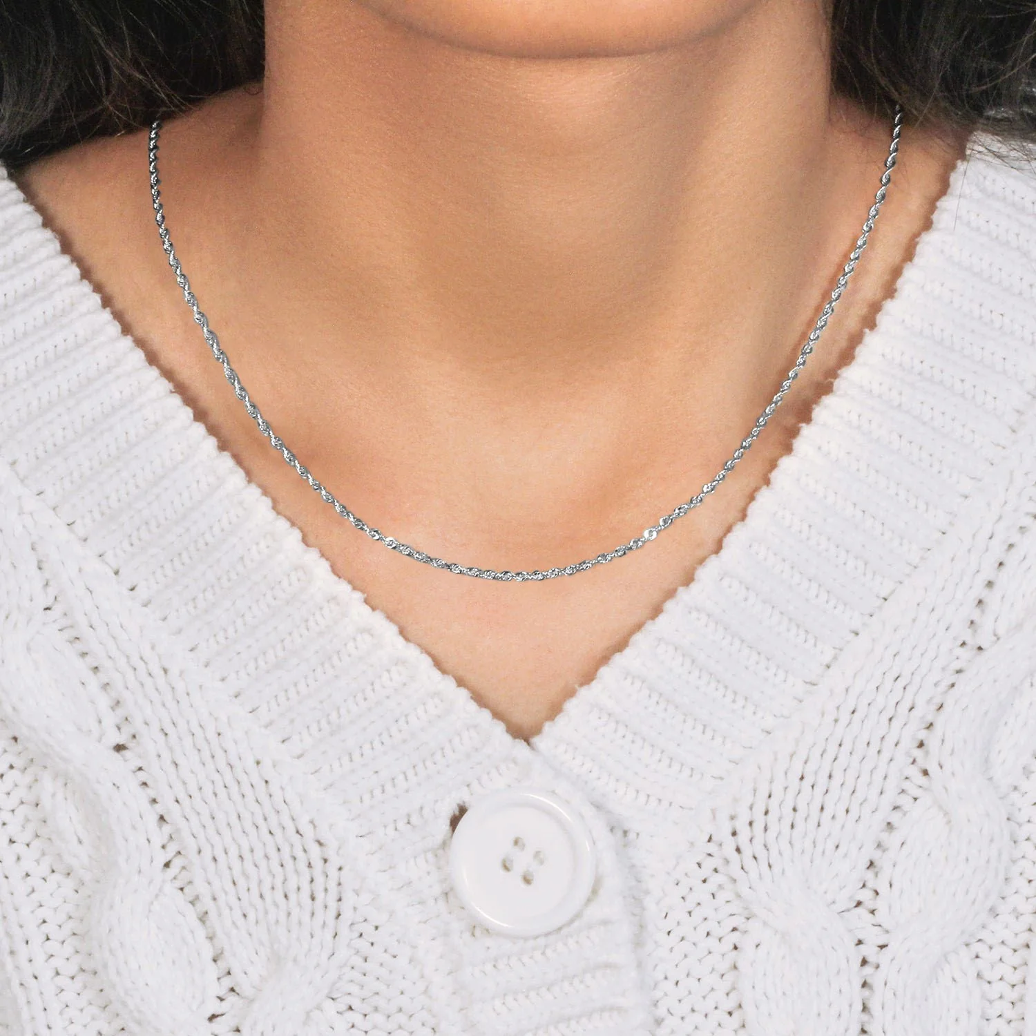 2.0mm 14k White Gold Solid Diamond Cut Rope Chain - Image 9