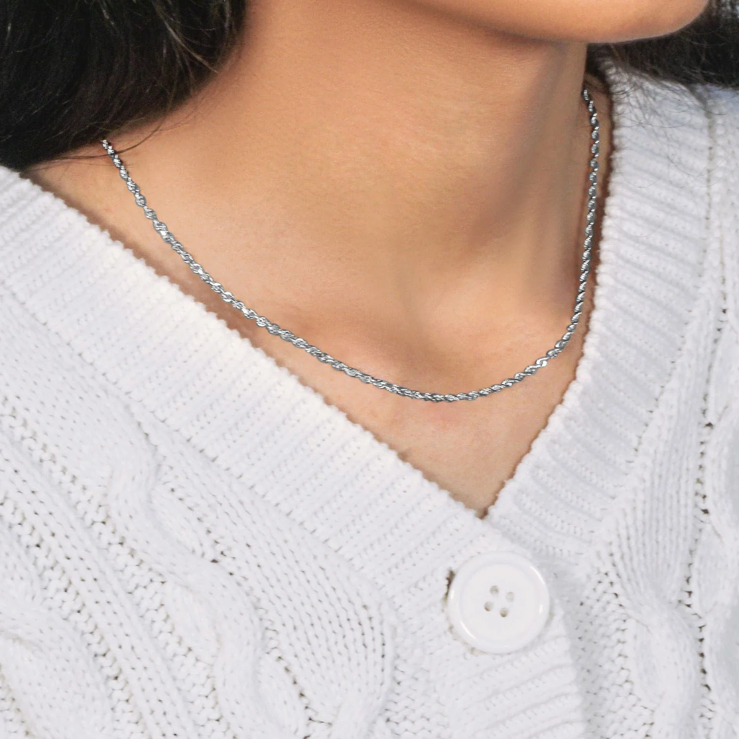 2.5mm 14k White Gold Solid Diamond Cut Rope Chain - Image 10