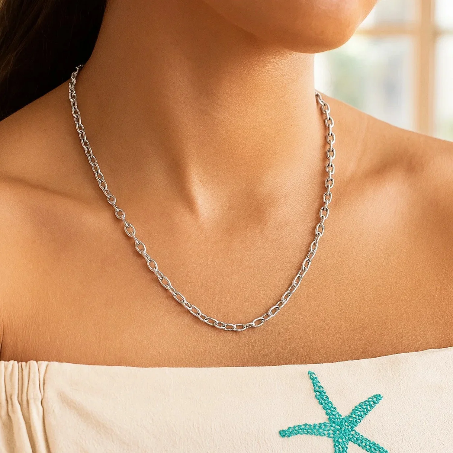 3.5mm 14k White Gold Pendant Chain with Textured Links - Image 18