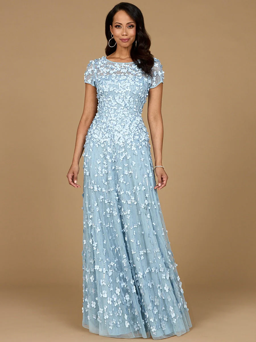 3D Floral Embellished Cap Sleeve Gown - Image 3