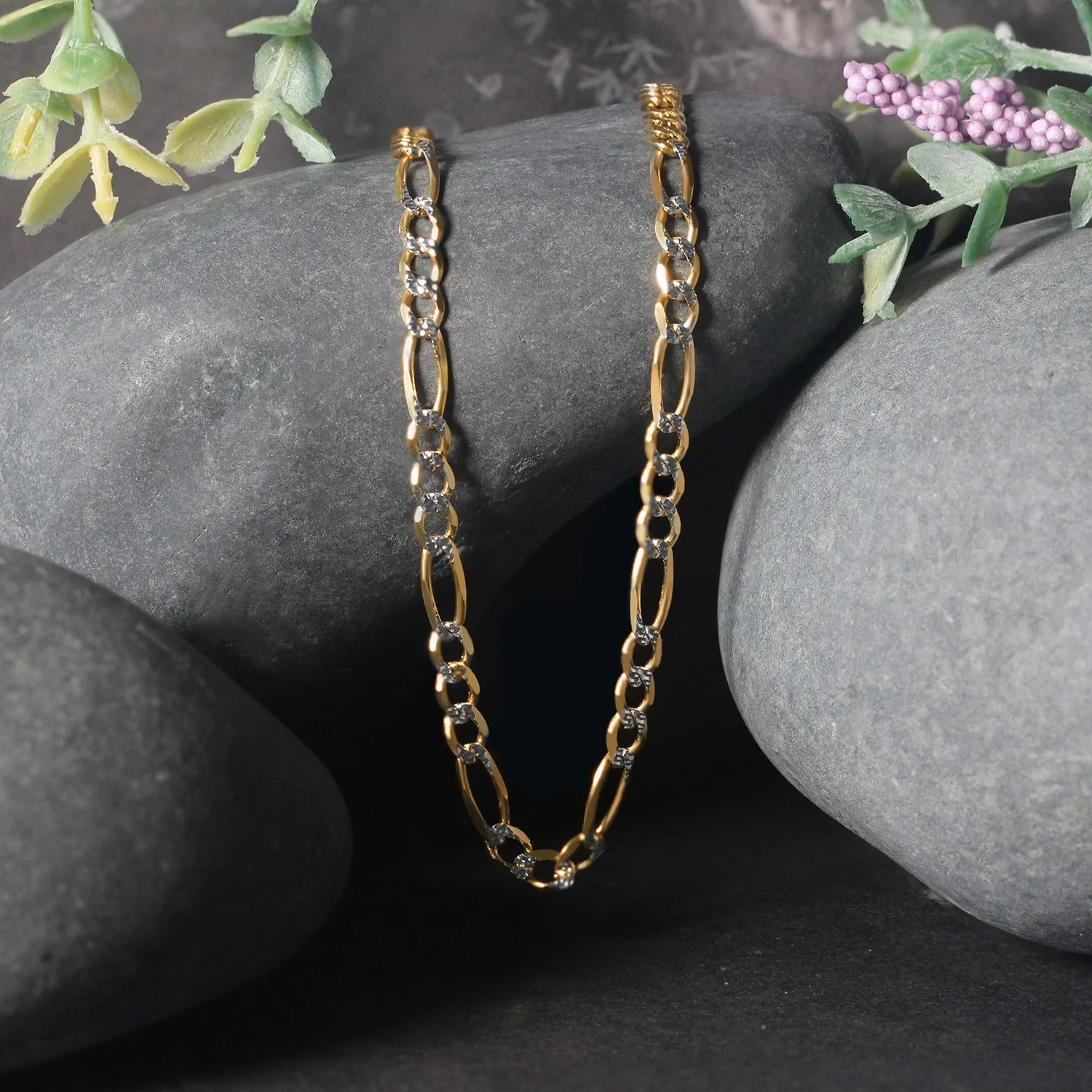4.0mm 14K Yellow Gold Solid Pave Figaro Chain - Image 16
