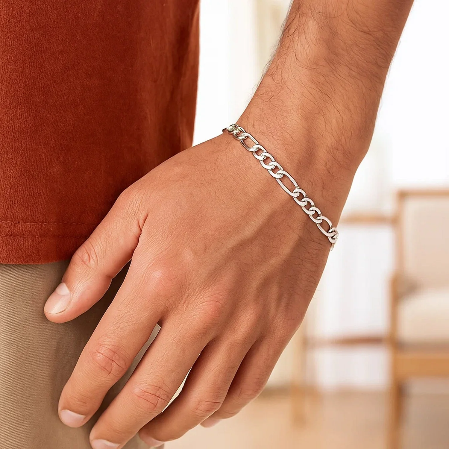 4.6mm 14k White Gold Solid Figaro Bracelet - Image 16