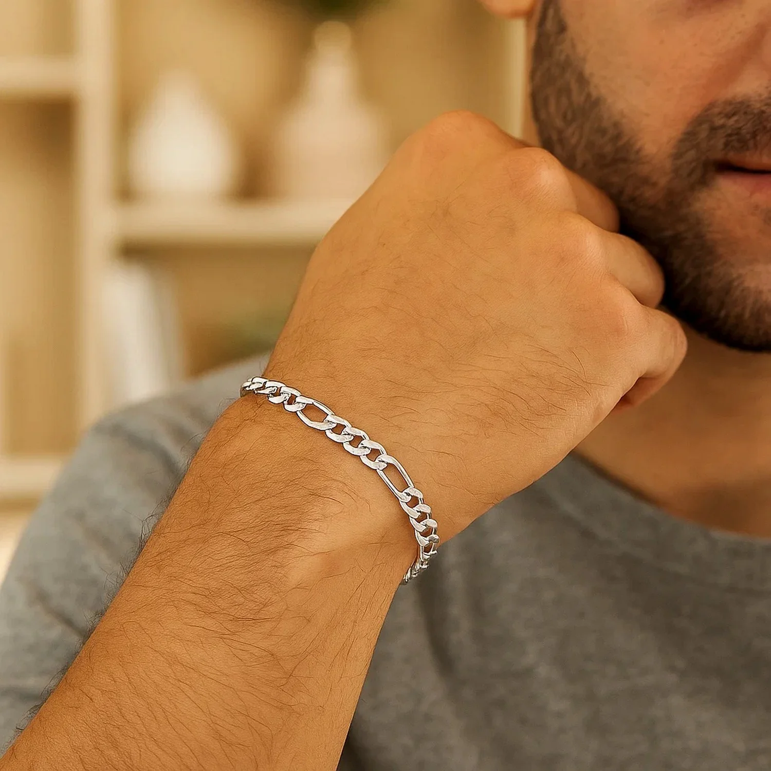 4.6mm 14k White Gold Solid Figaro Bracelet - Image 9