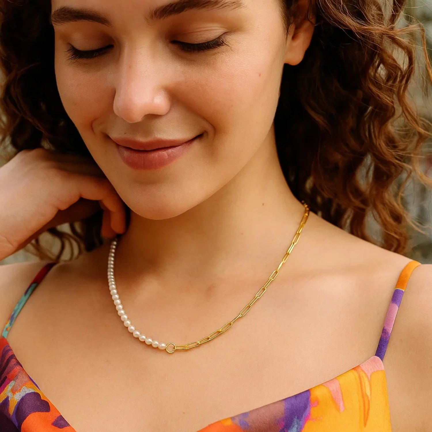 5mm Pearl and Lite Paperclip Necklace in 14K Yellow Gold - Image 12