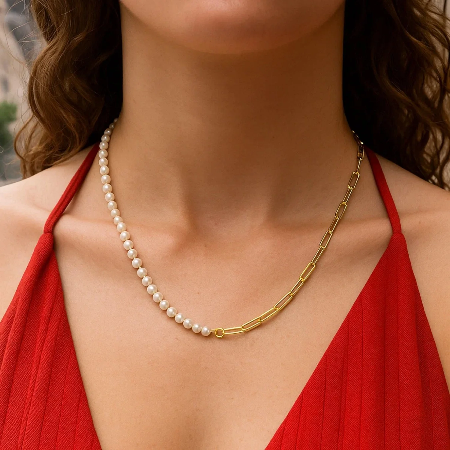 5mm Pearl and Lite Paperclip Necklace in 14K Yellow Gold - Image 9