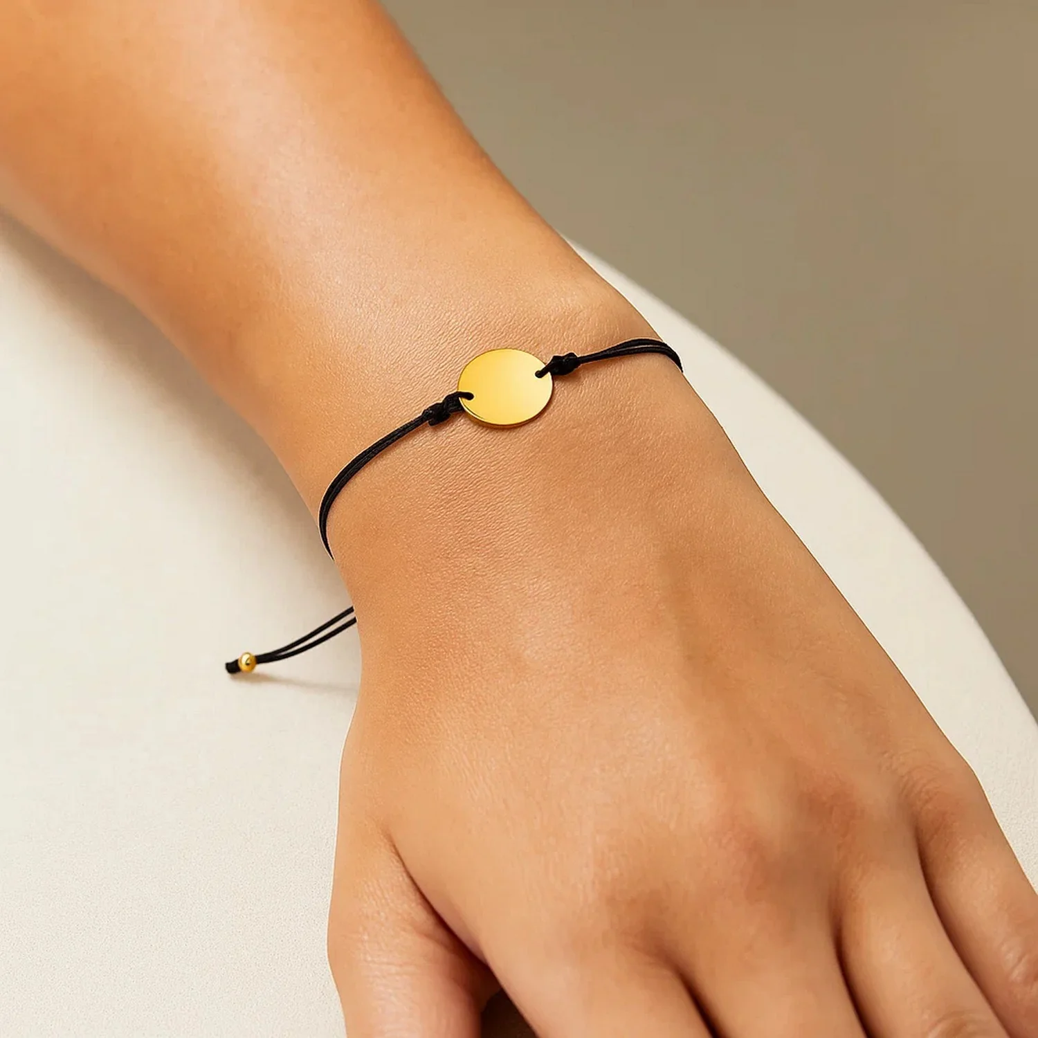 9 1/4 inch Black Cord Adjustable Bracelet with 14k Yellow Gold Circle - Image 2