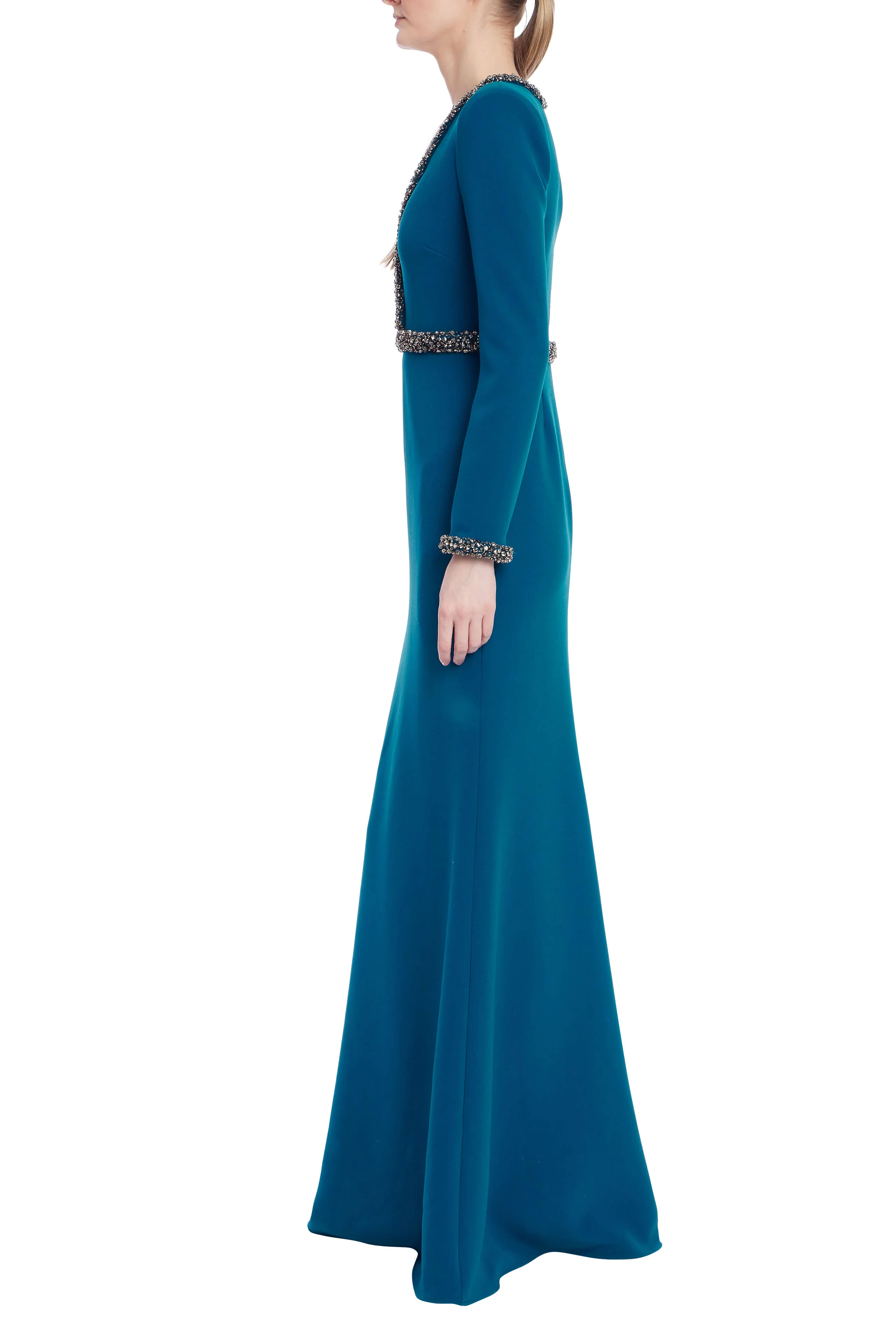 Badgley Mischka Embellished Trim Long-Sleeve Crepe Gown - Image 2