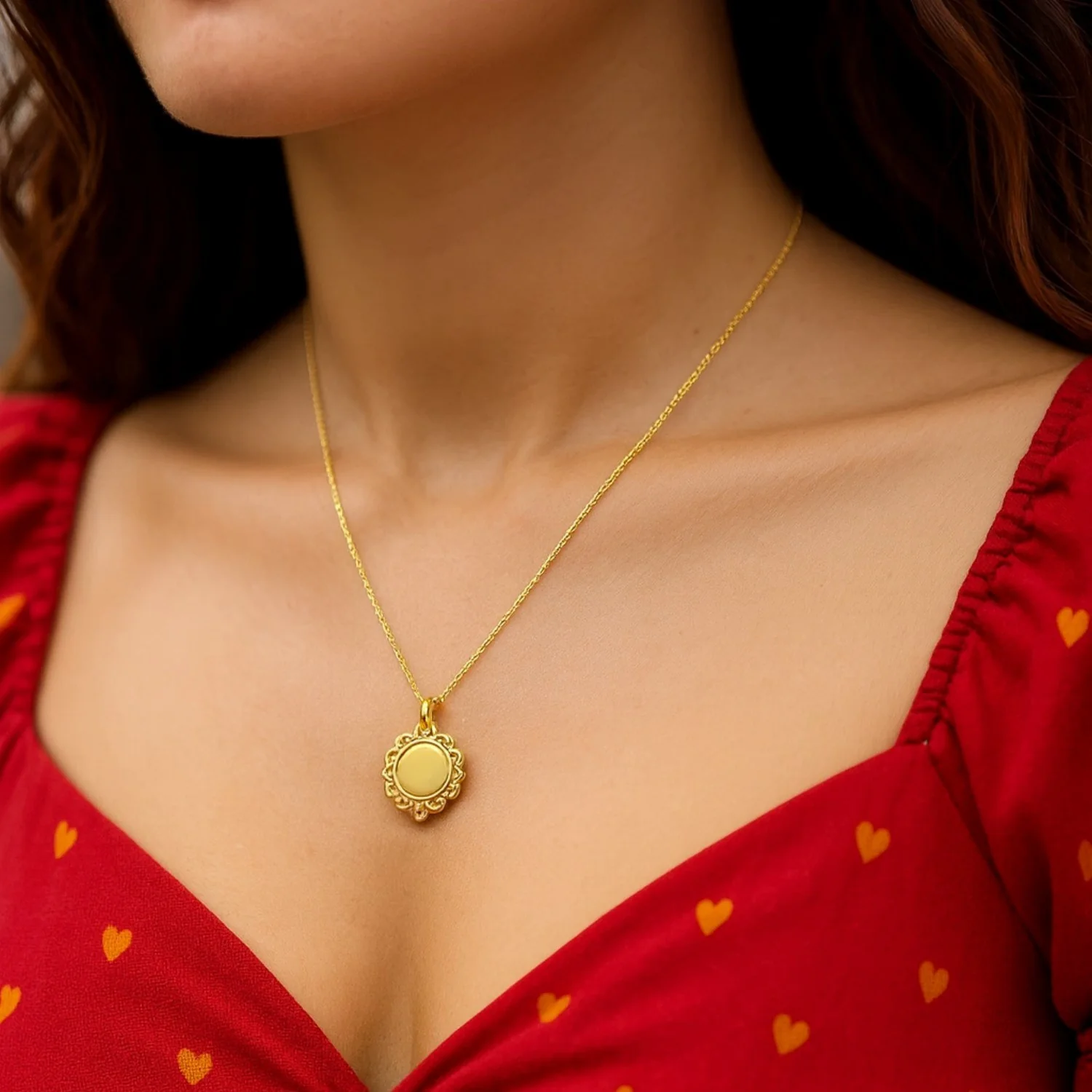 Baroque Round Pendant and Necklace in 14K Yellow Gold - Image 13