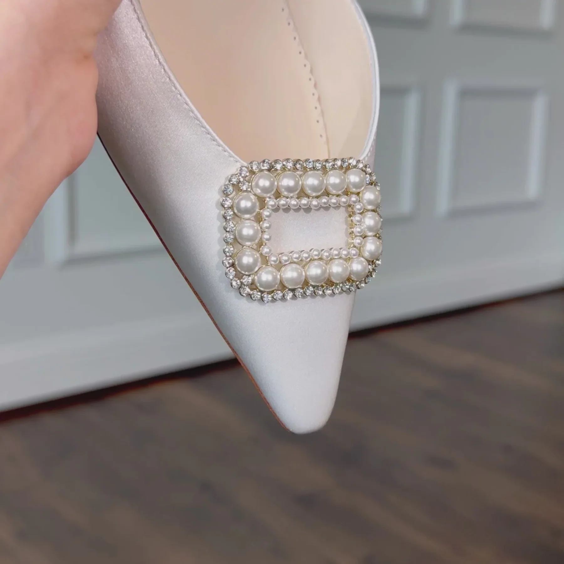 Bella Belle Andie Pearl Buckle Slingback Heels – Ivory Silk - Image 4
